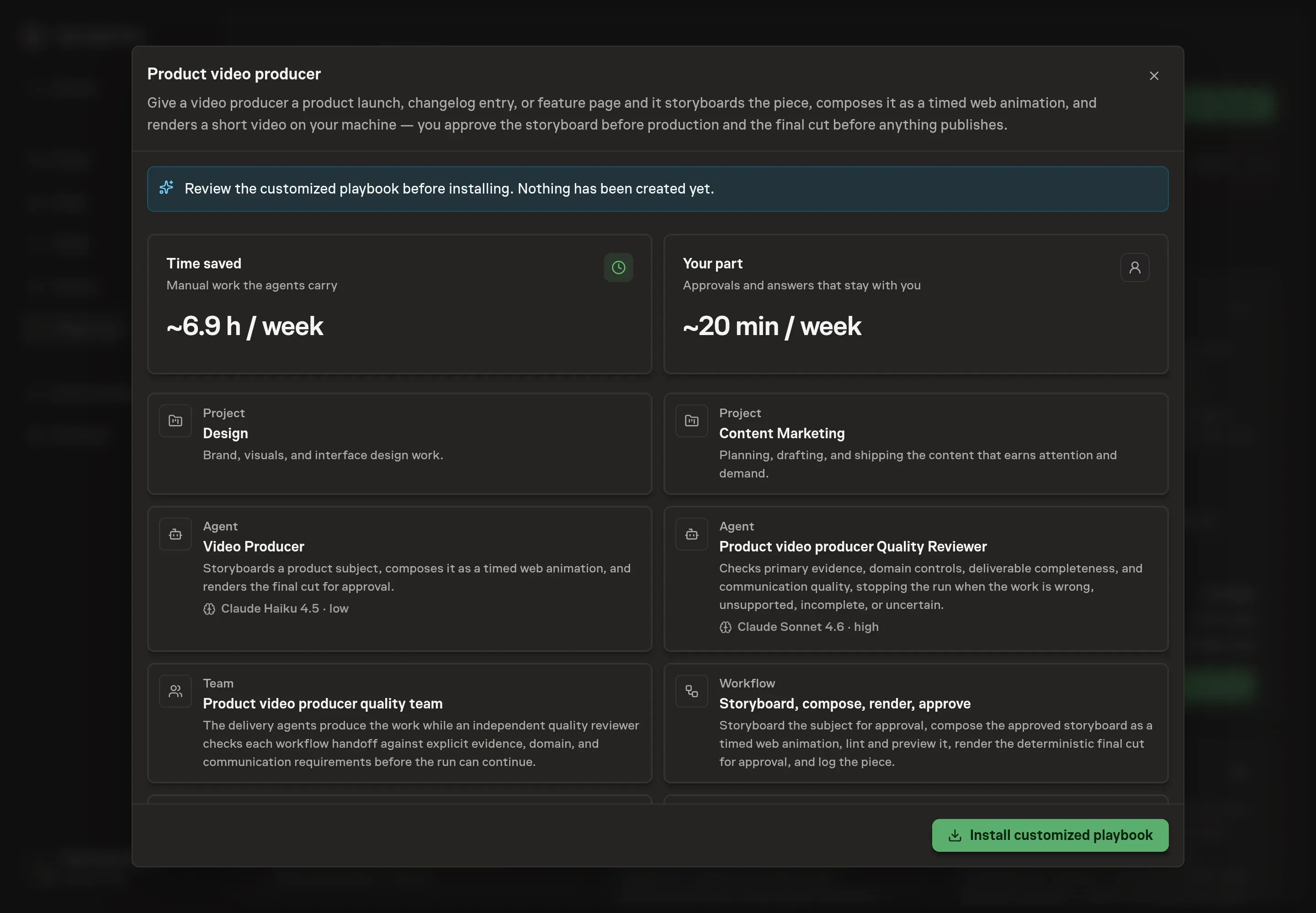 The review step showing the customized product video producer, storyboard workflow, video log, production skills, and weekly schedule before installation