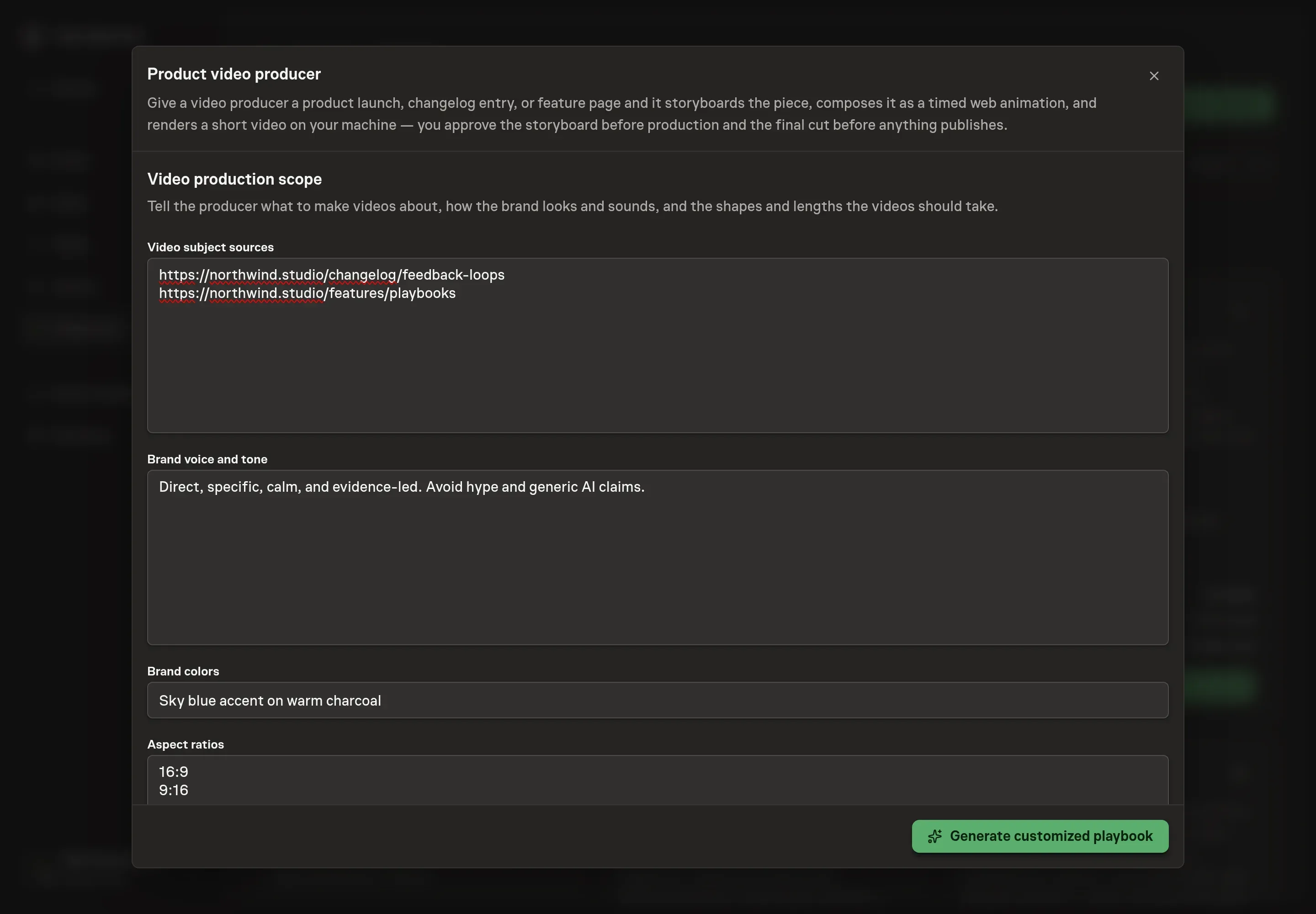 The setup form filled with Northwind Studio changelog and feature page sources, direct brand voice, sky blue brand color, 16:9 and 9:16 ratios, and a 30-second target length