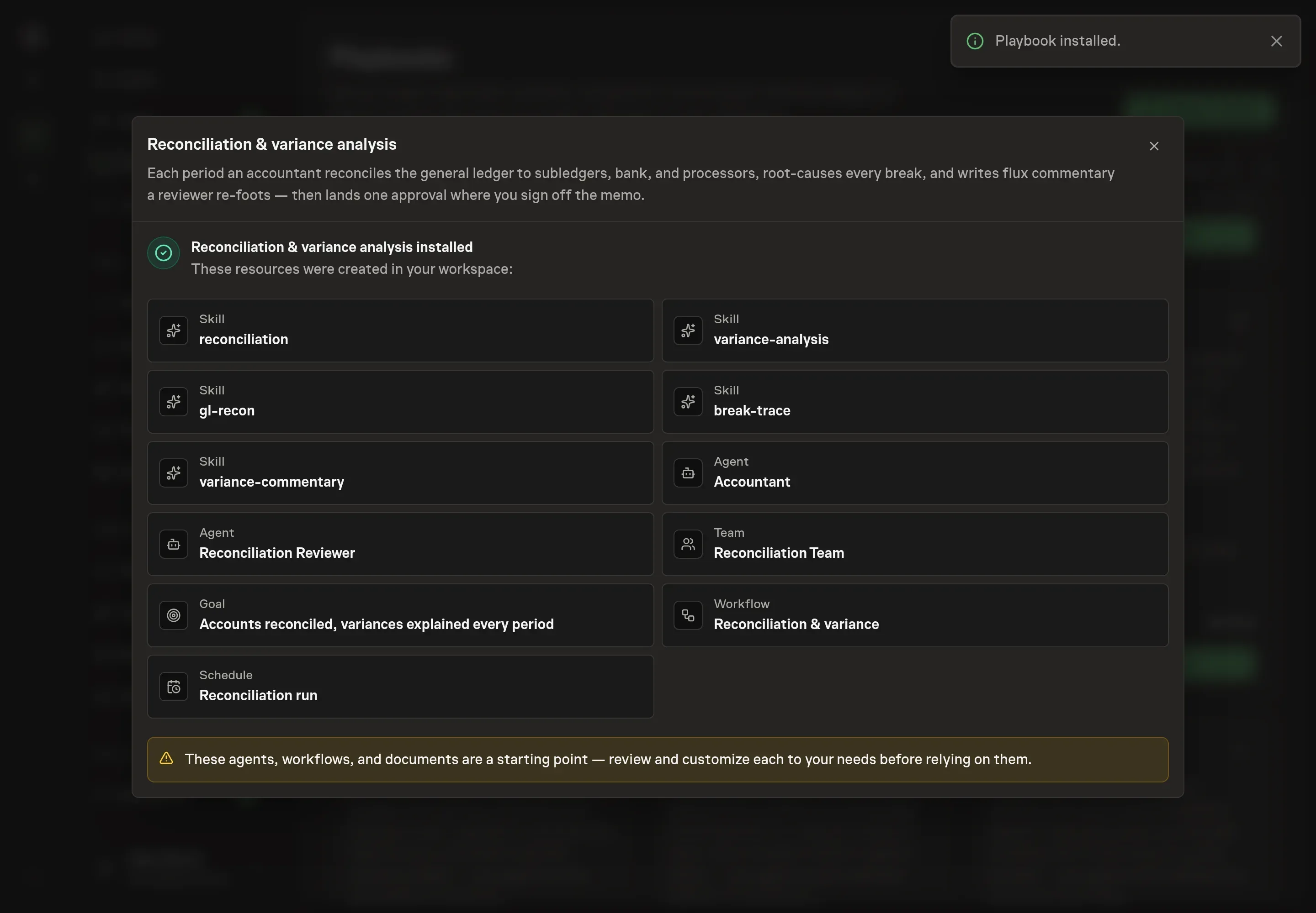 The install confirmation listing the created agents, team, workflow, skills, schedule, selected Stripe service, and close follow-ups