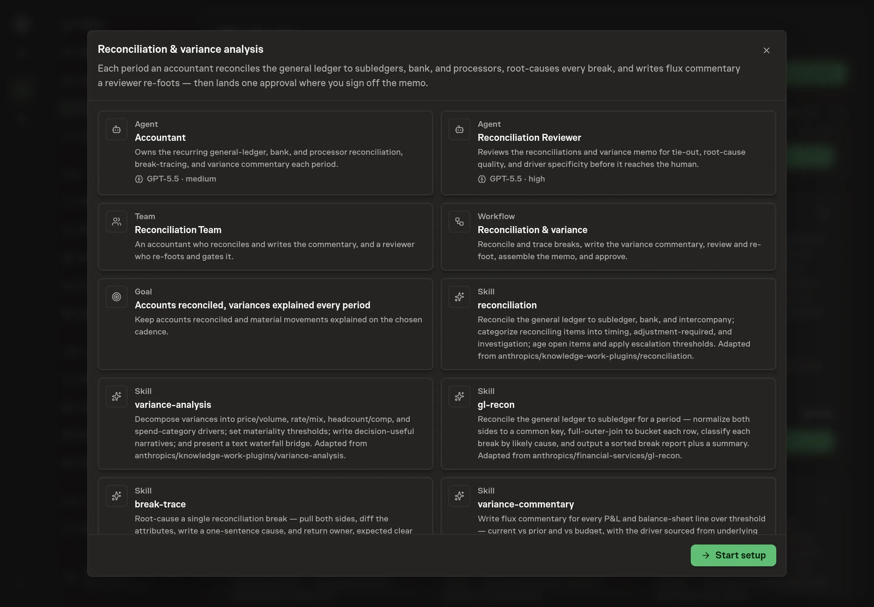 The Reconciliation & variance analysis preview listing agents, team, workflow, skills, schedule, and payment providers with a Start setup button