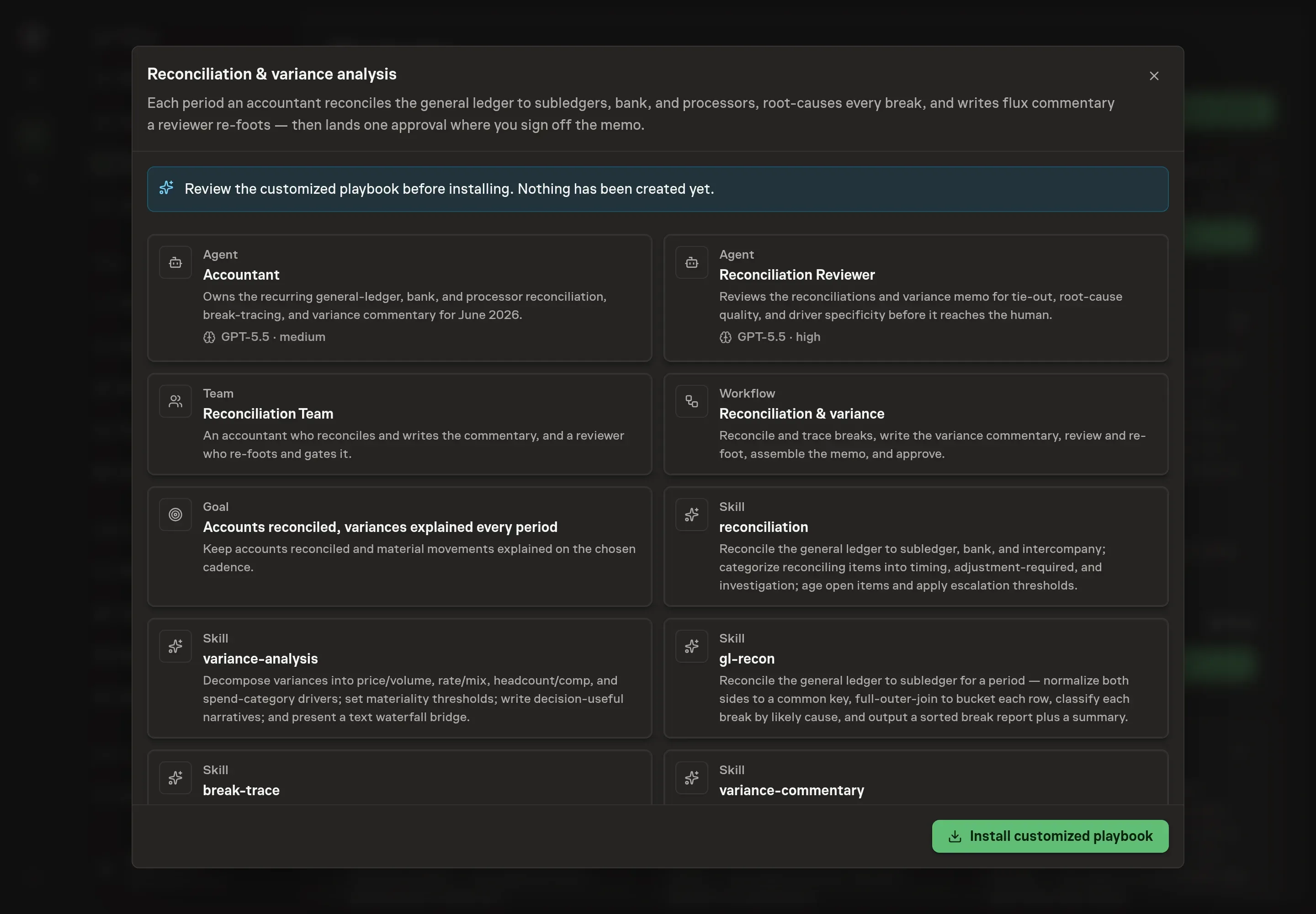 The review step showing the customized reconciliation workflow, accountant, reviewer, selected Stripe service, schedule, and approval step before creation