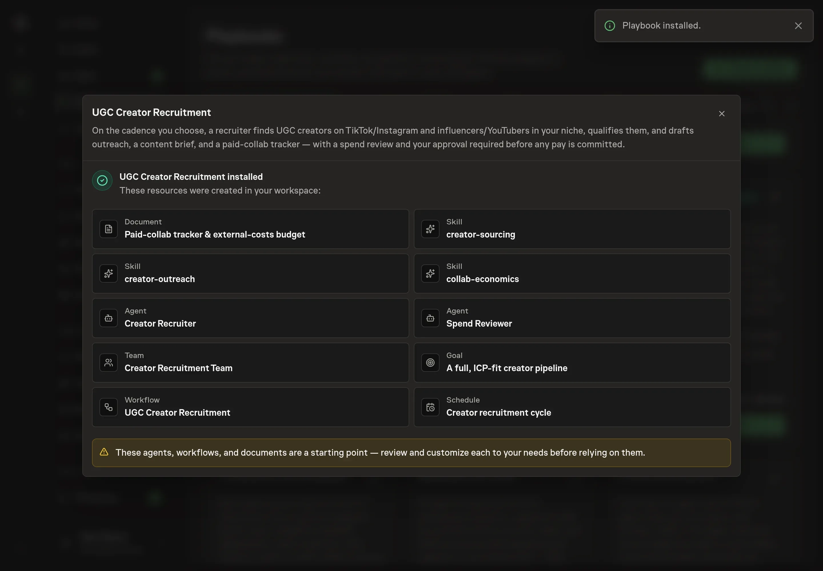 The install confirmation listing the created UGC Creator Recruitment records and follow-up tasks