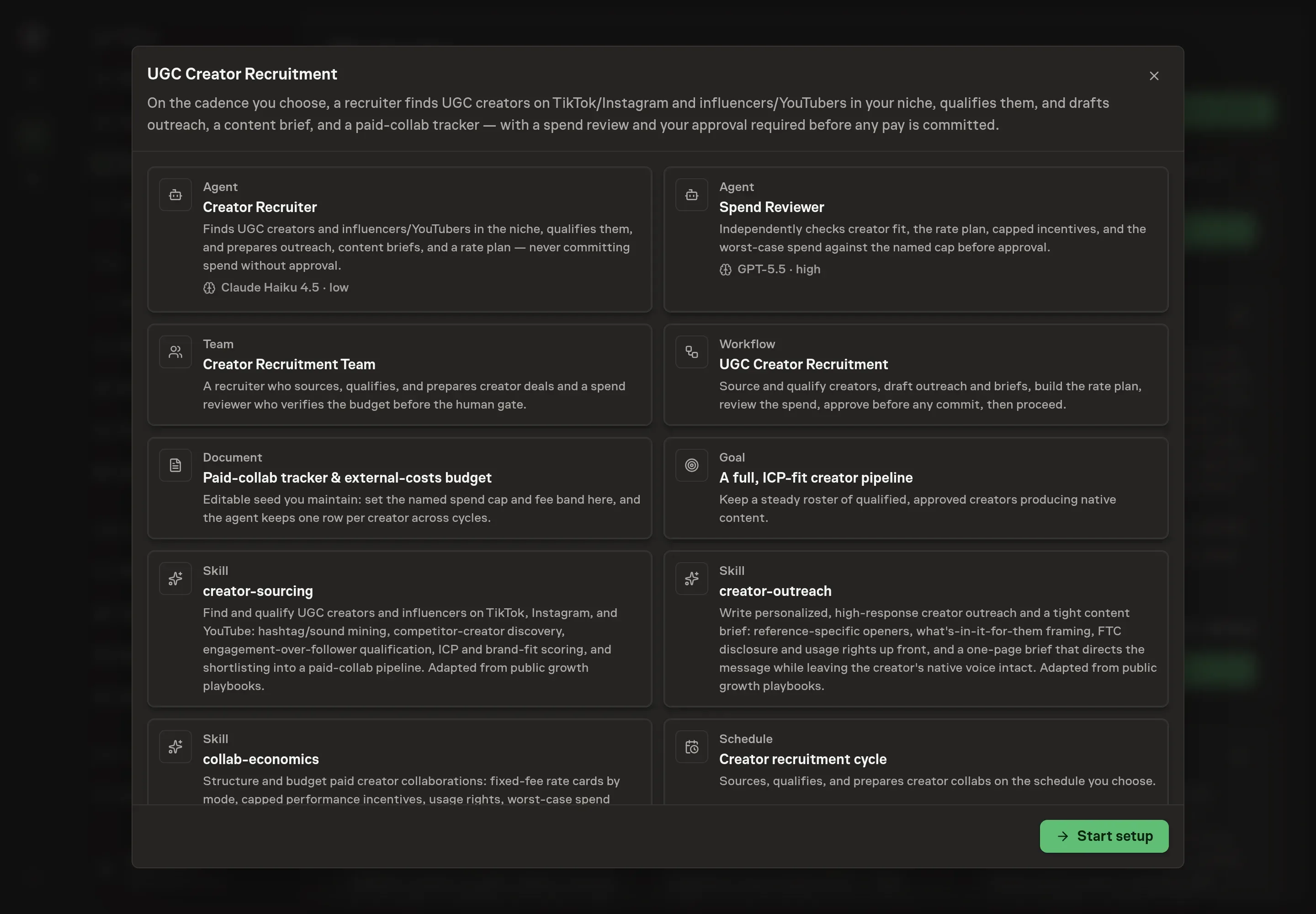 The UGC Creator Recruitment preview listing the recruiter, spend reviewer, team, workflow, tracker document, goal, schedule, skills, and Start setup button