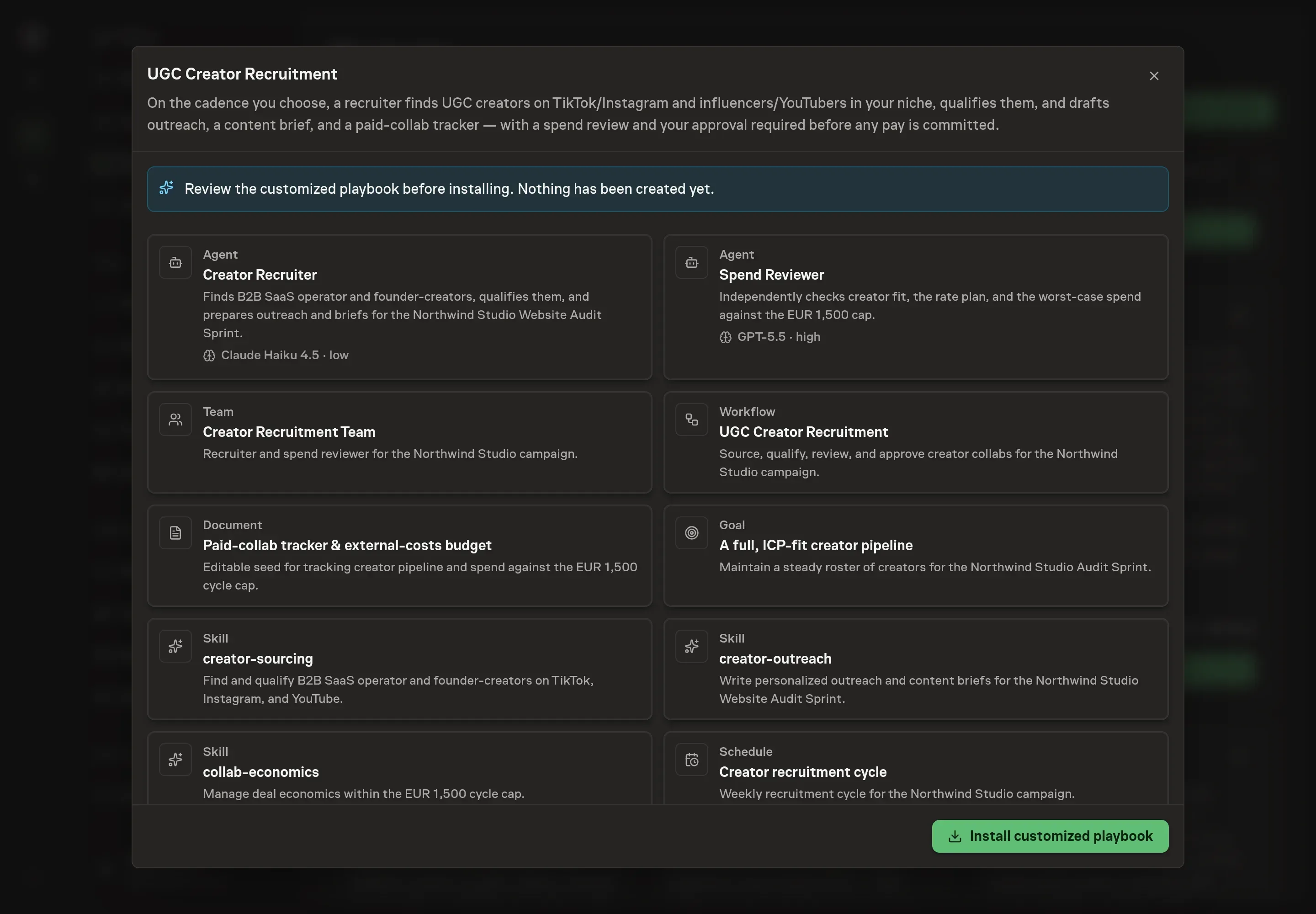 The review step showing the customized UGC Creator Recruitment records, including the team, workflow, tracker, goal, schedule, and skills ready to install