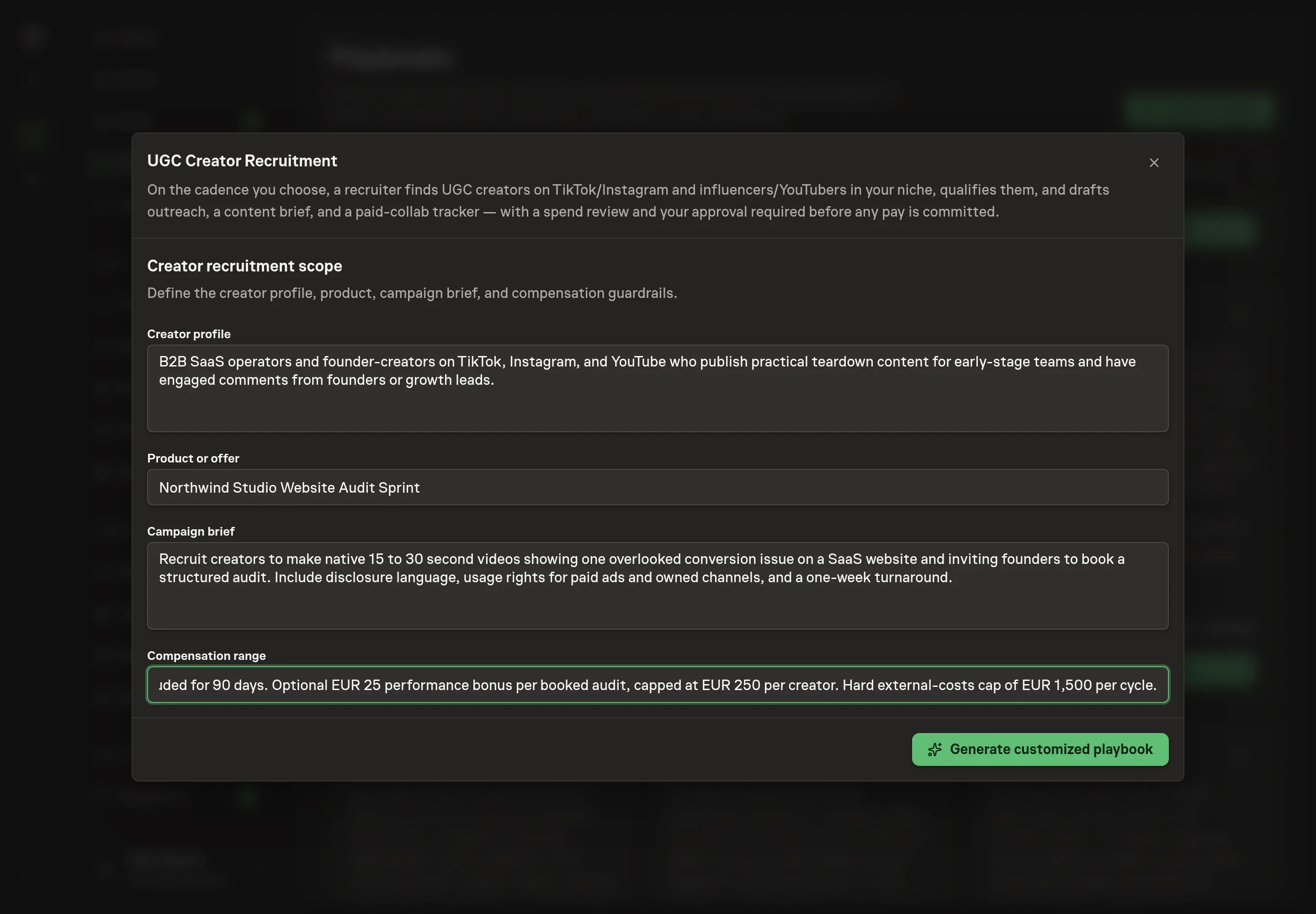 The setup form filled with the Northwind Studio creator profile, website audit offer, campaign brief, and compensation range