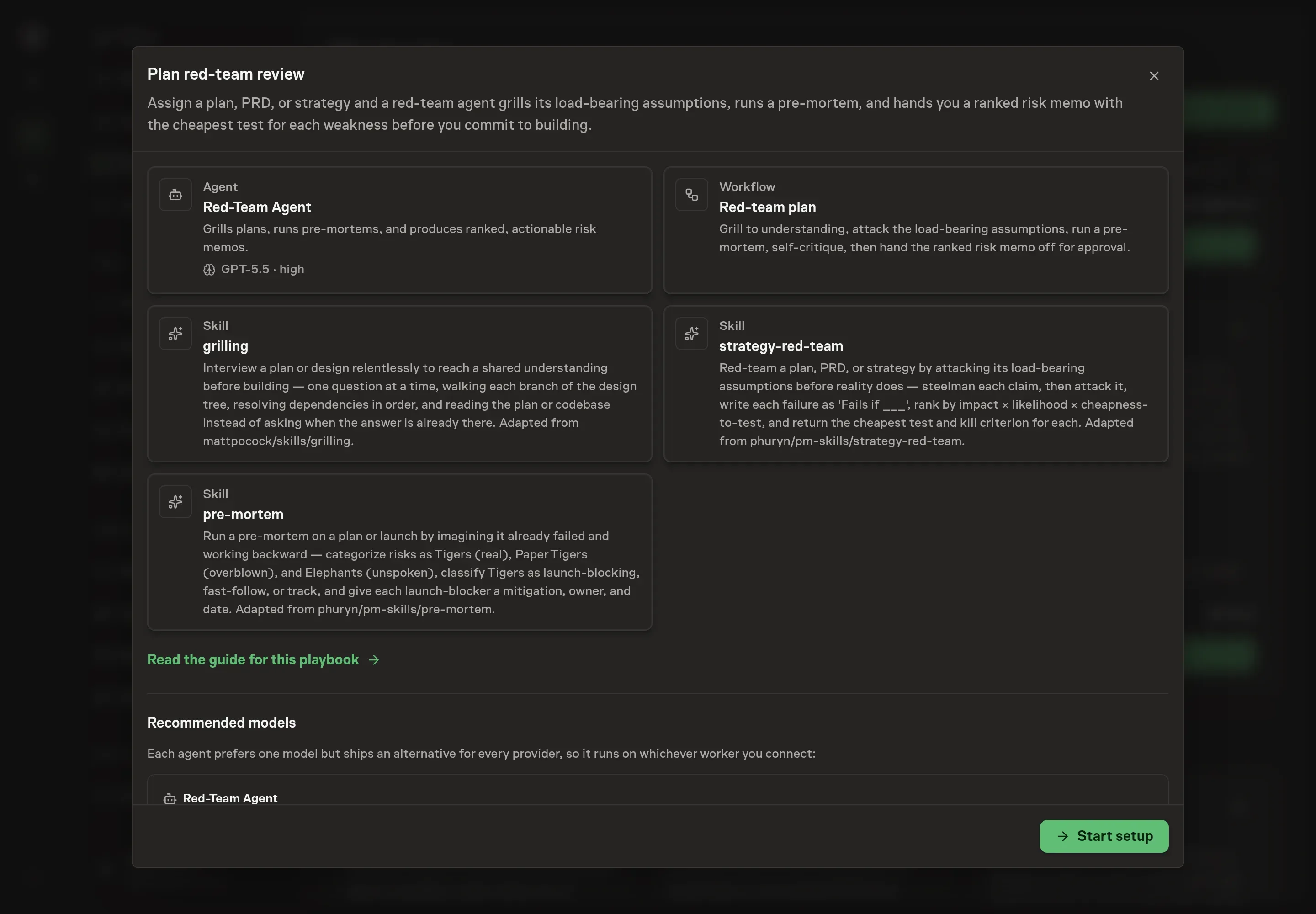 The Plan red-team review preview listing the Red-Team Agent, Red-team plan workflow, and three review skills with a Start setup button