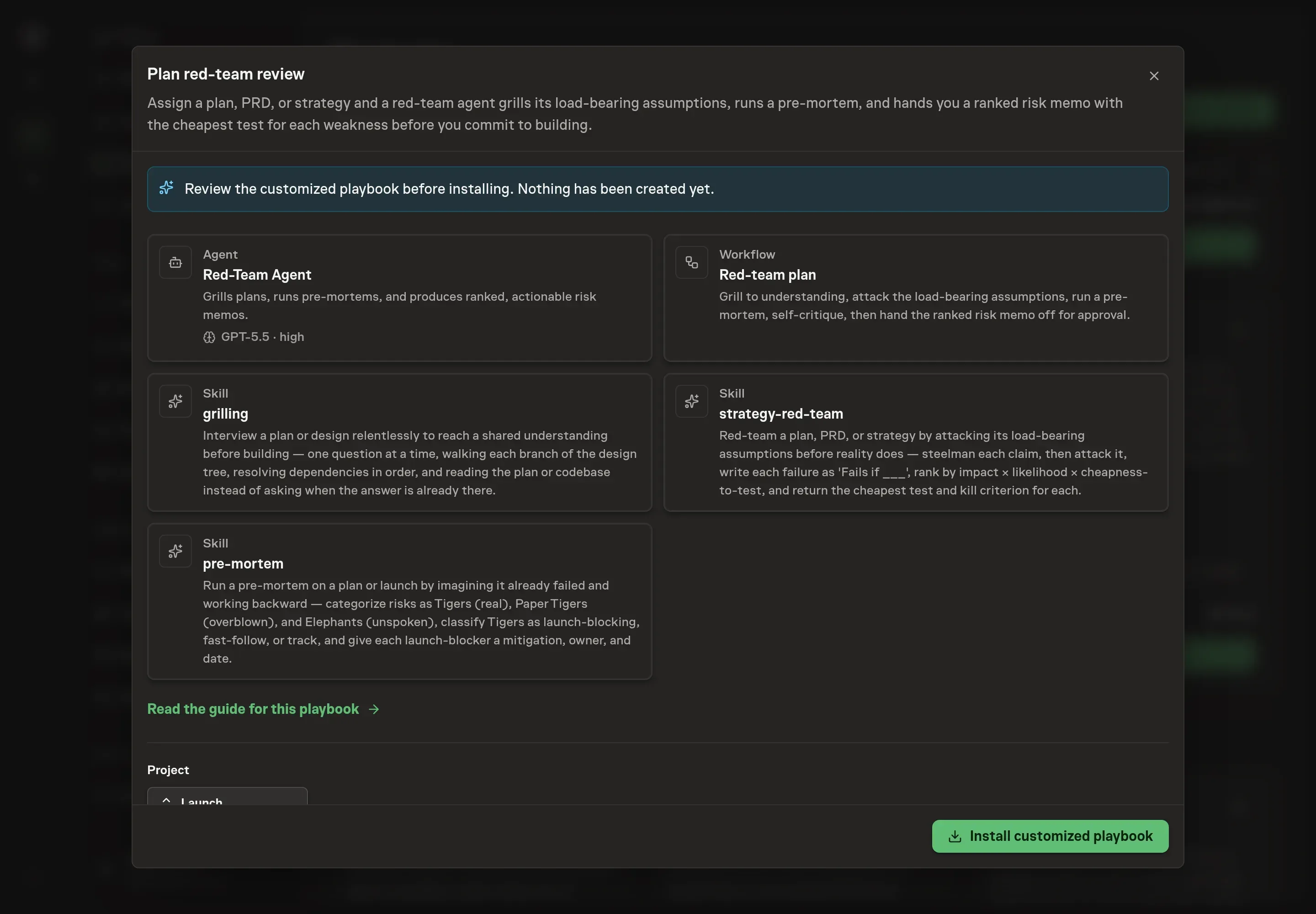 The review step showing the customized Red-Team Agent, Red-team plan workflow, and review skills before installation