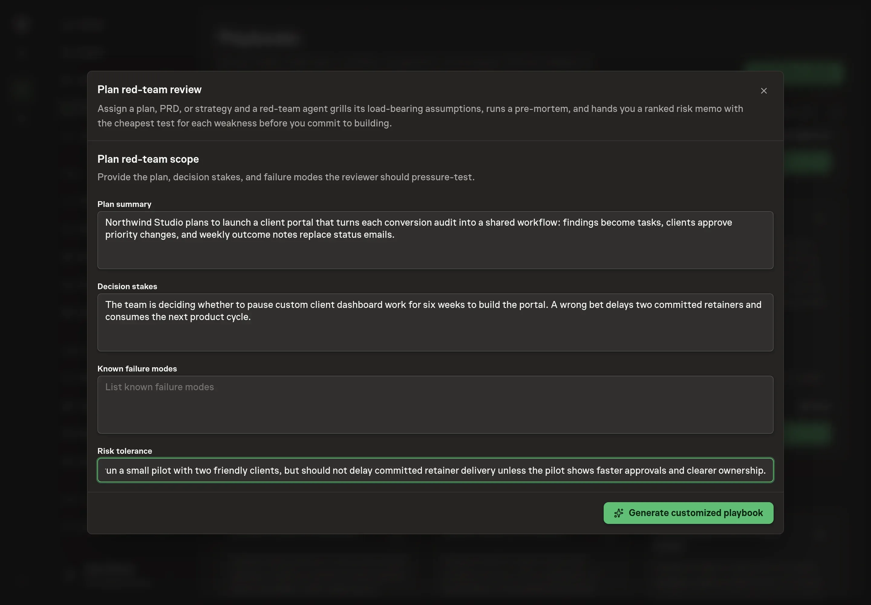 The setup form filled with a plan summary, decision stakes, known failure modes, and risk tolerance for Northwind Studio's agency portal plan