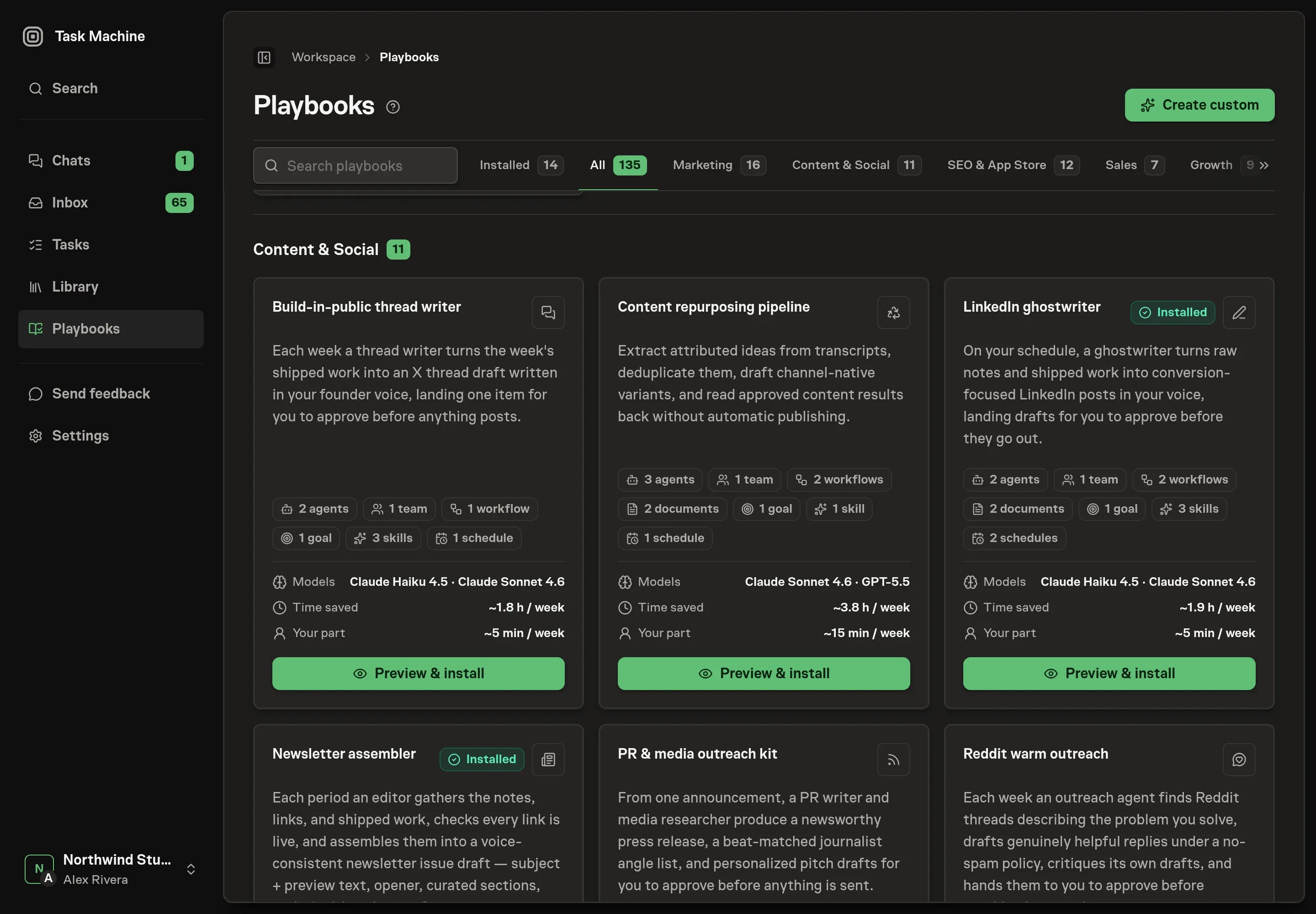 The playbook gallery with the Content repurposing pipeline card showing its agents, team, workflows, documents, goal, skill, and schedule