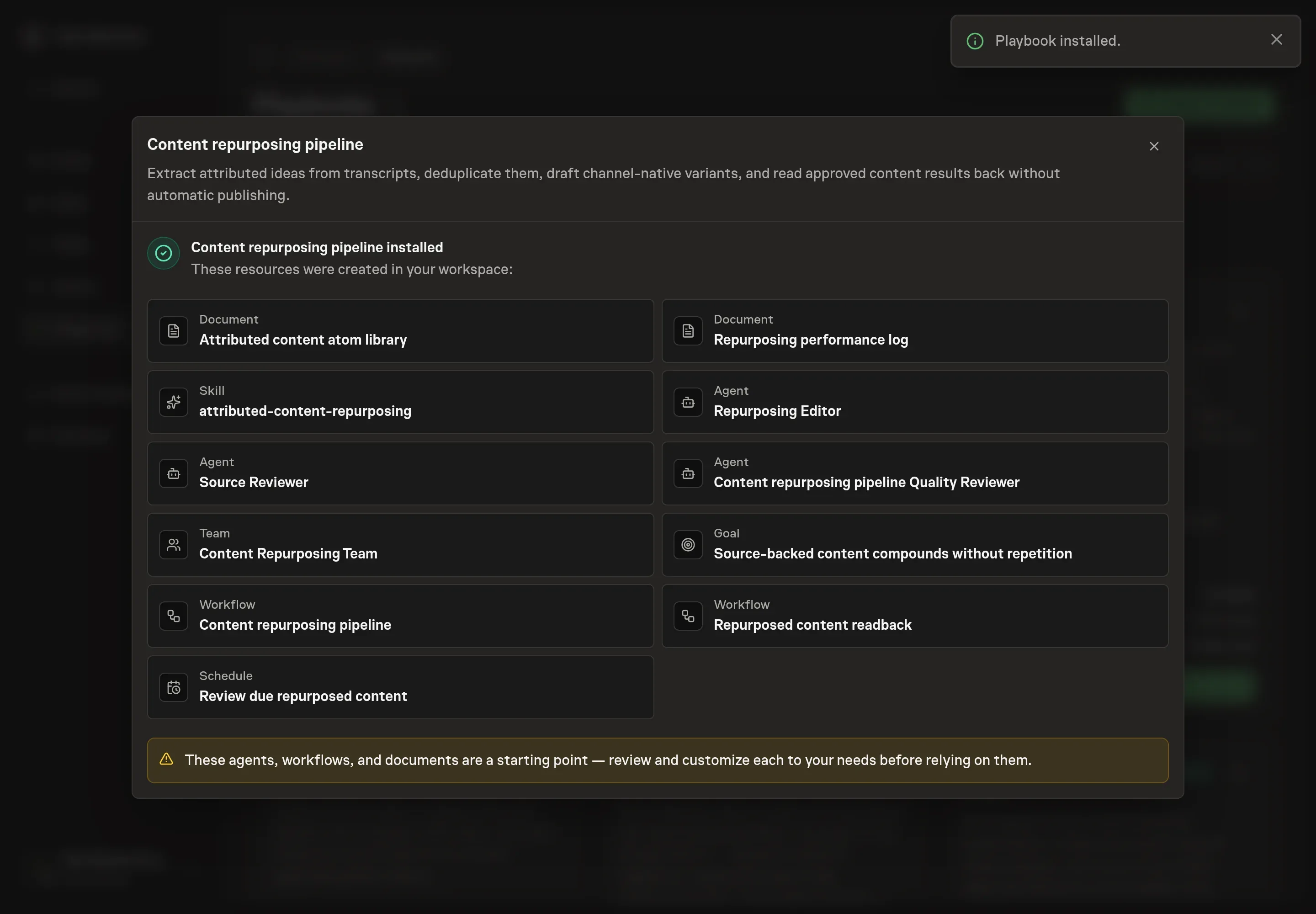 The install confirmation listing the attributed atom library, performance log, agents, team, workflows, goal, and readback schedule
