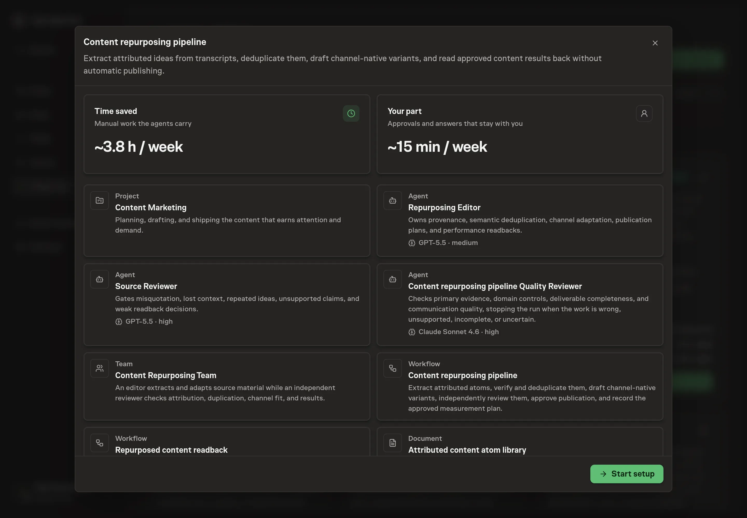 The Content repurposing pipeline preview listing its three agents, team, skill, two workflows, two documents, goal, and schedule