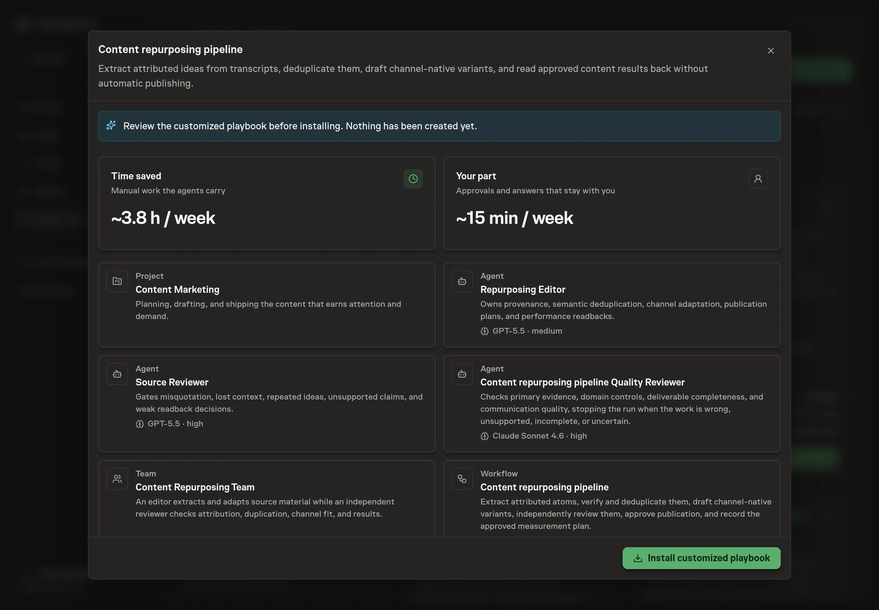 The review step showing the customized Content Repurposing Team, workflows, atom library, performance log, goal, and schedule