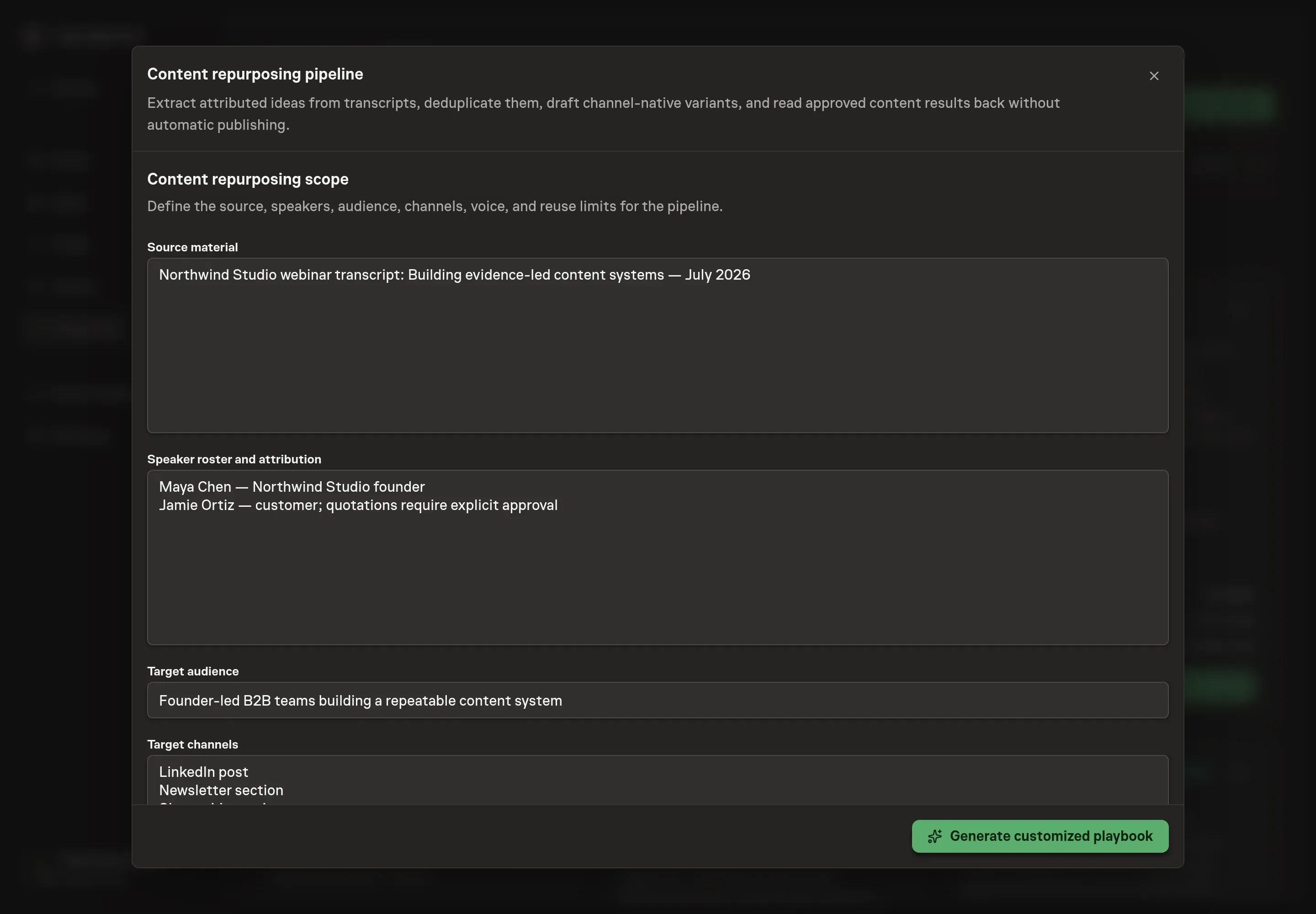 The Content repurposing setup form filled with source material, speaker attribution, target audience, and target channels