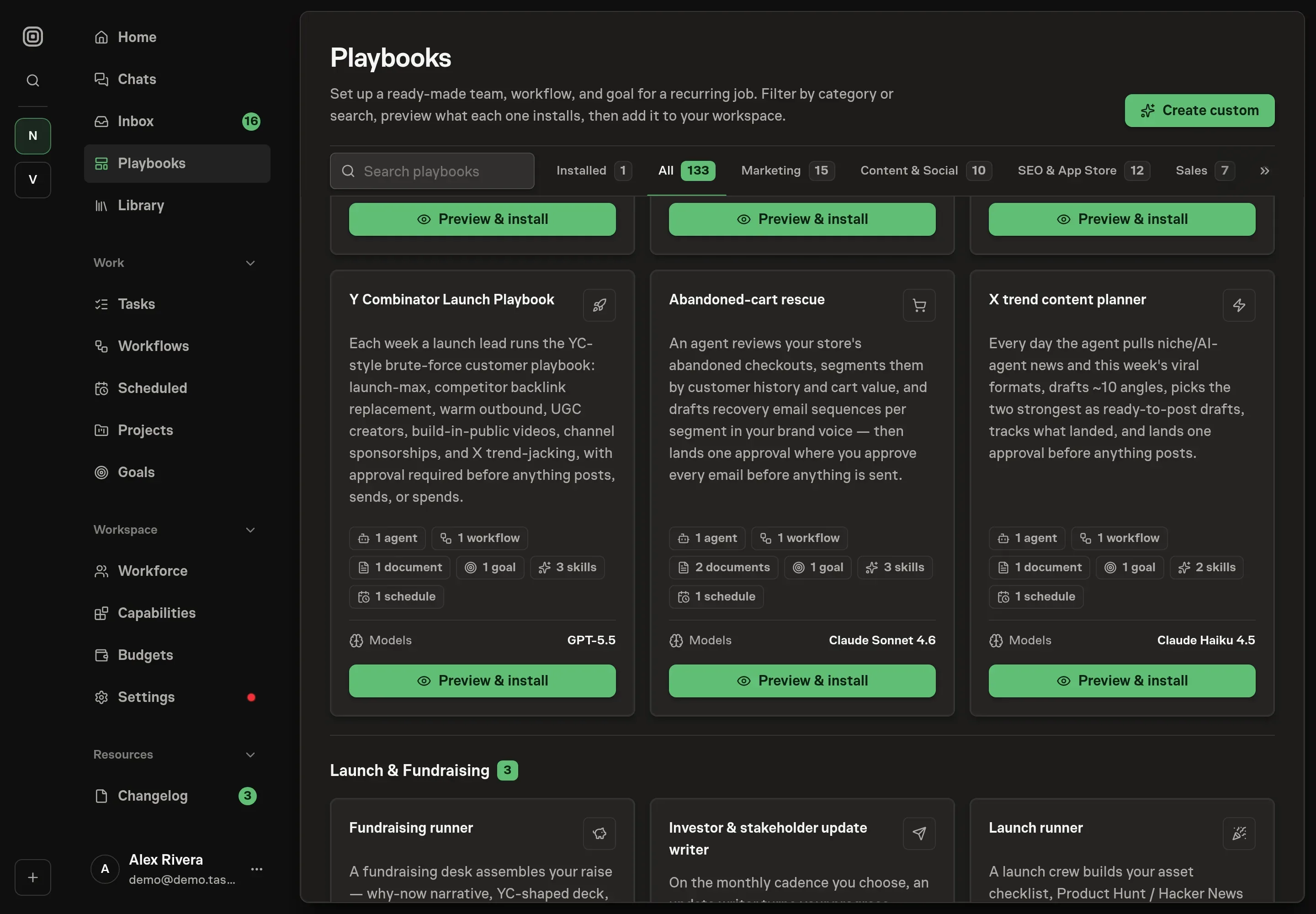 The playbook gallery with the Abandoned-cart rescue card in the Growth category, listing one agent, one workflow, two documents, one goal, three skills, and one schedule