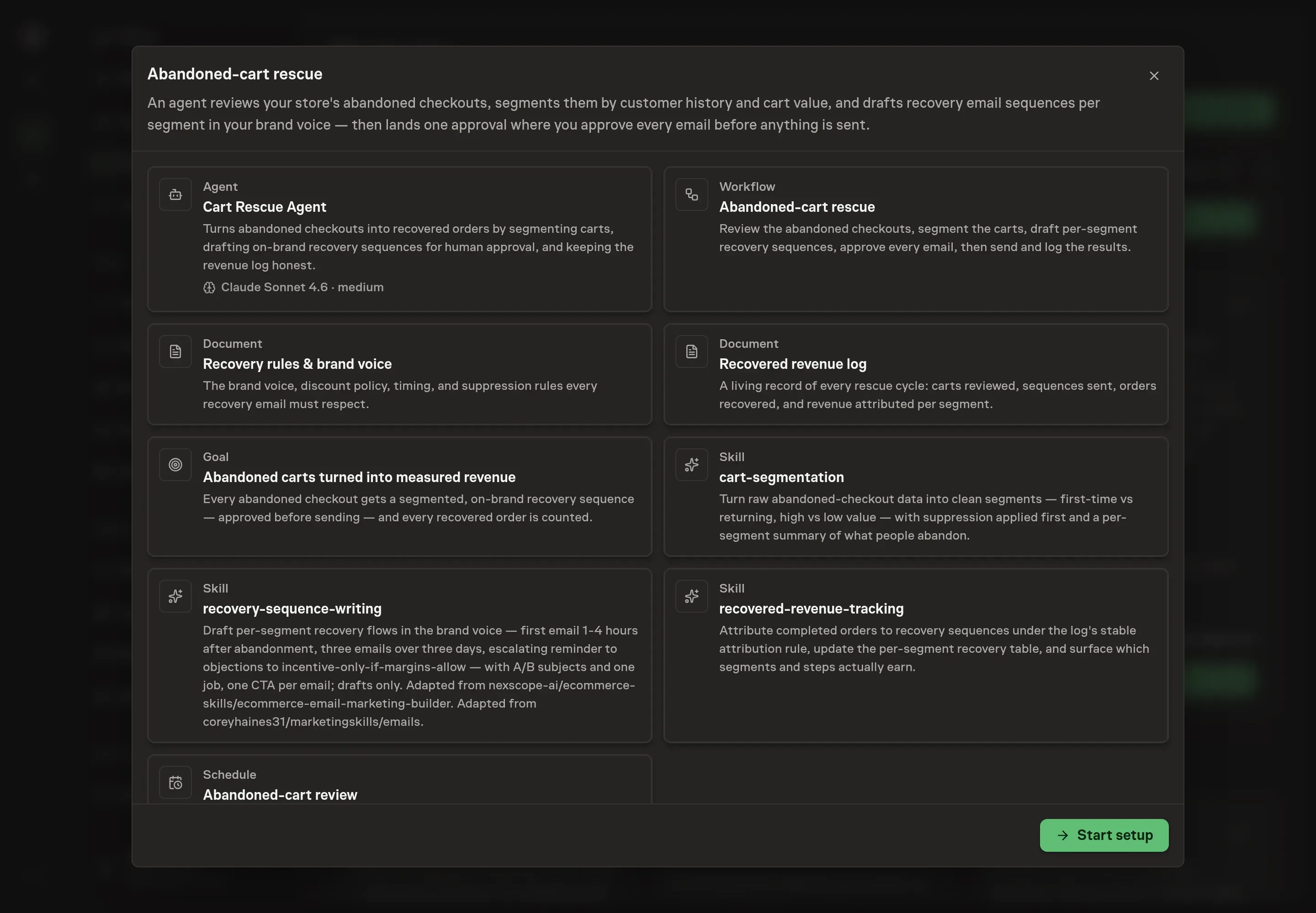The Abandoned-cart rescue preview listing the agent, the workflow, both documents, the goal, all three skills, and the daily schedule, with a Start setup button