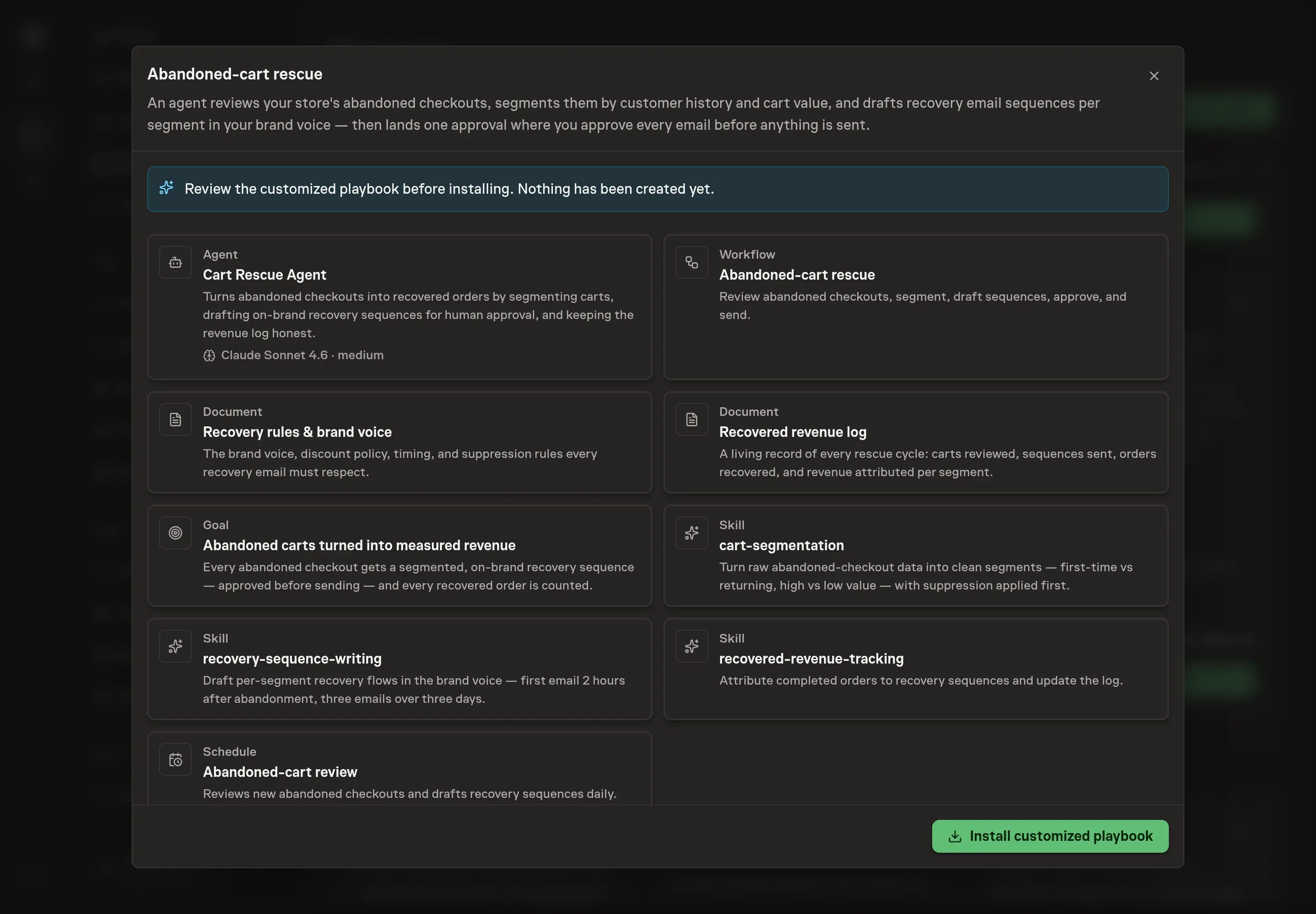 The review step showing the customized agent, workflow, both documents, goal, skills, and schedule, with a banner confirming nothing has been created yet