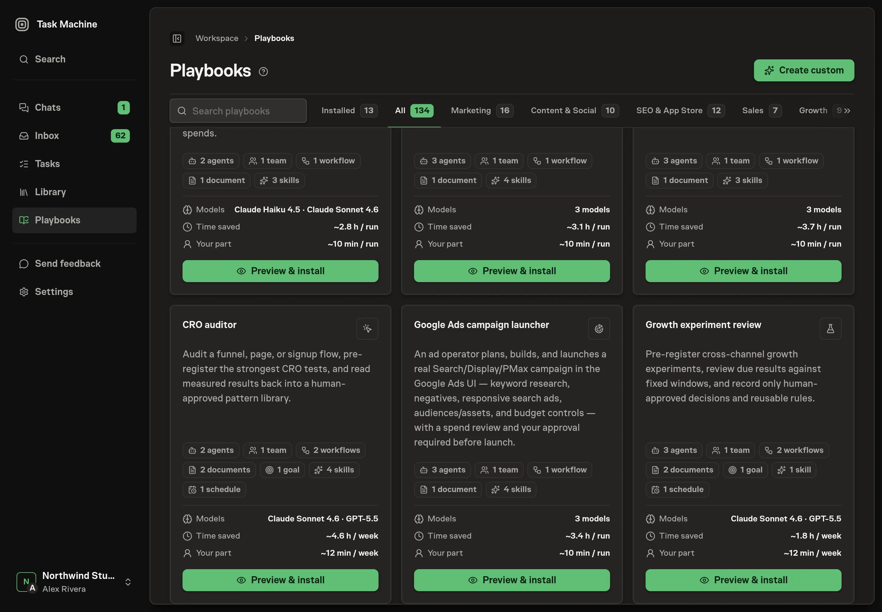 The playbook gallery with the Growth experiment review card showing its team, workflows, ledgers, goal, services, and schedule