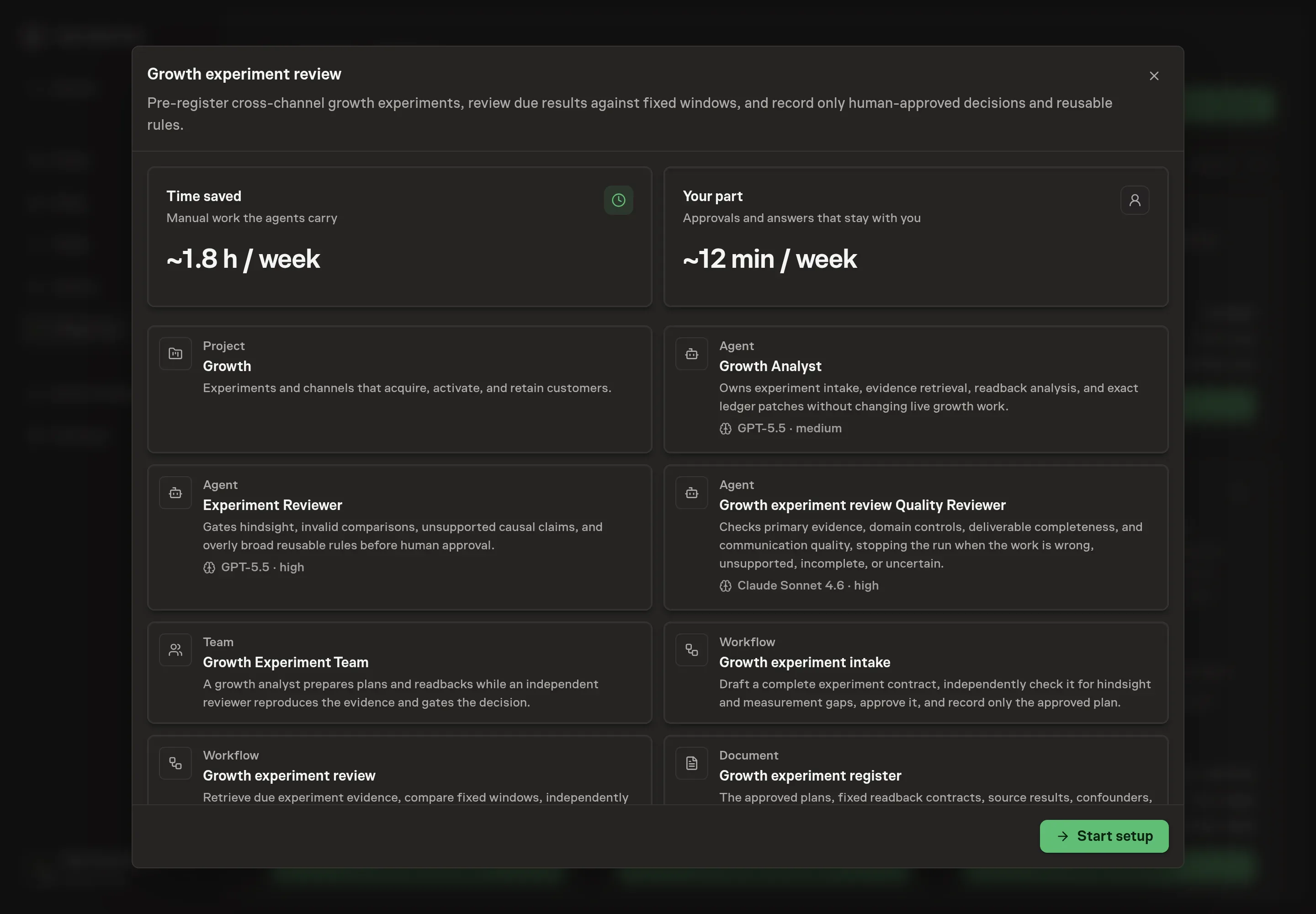 The Growth experiment review preview listing the team, two workflows, two ledgers, goal, schedule, and optional analytics services