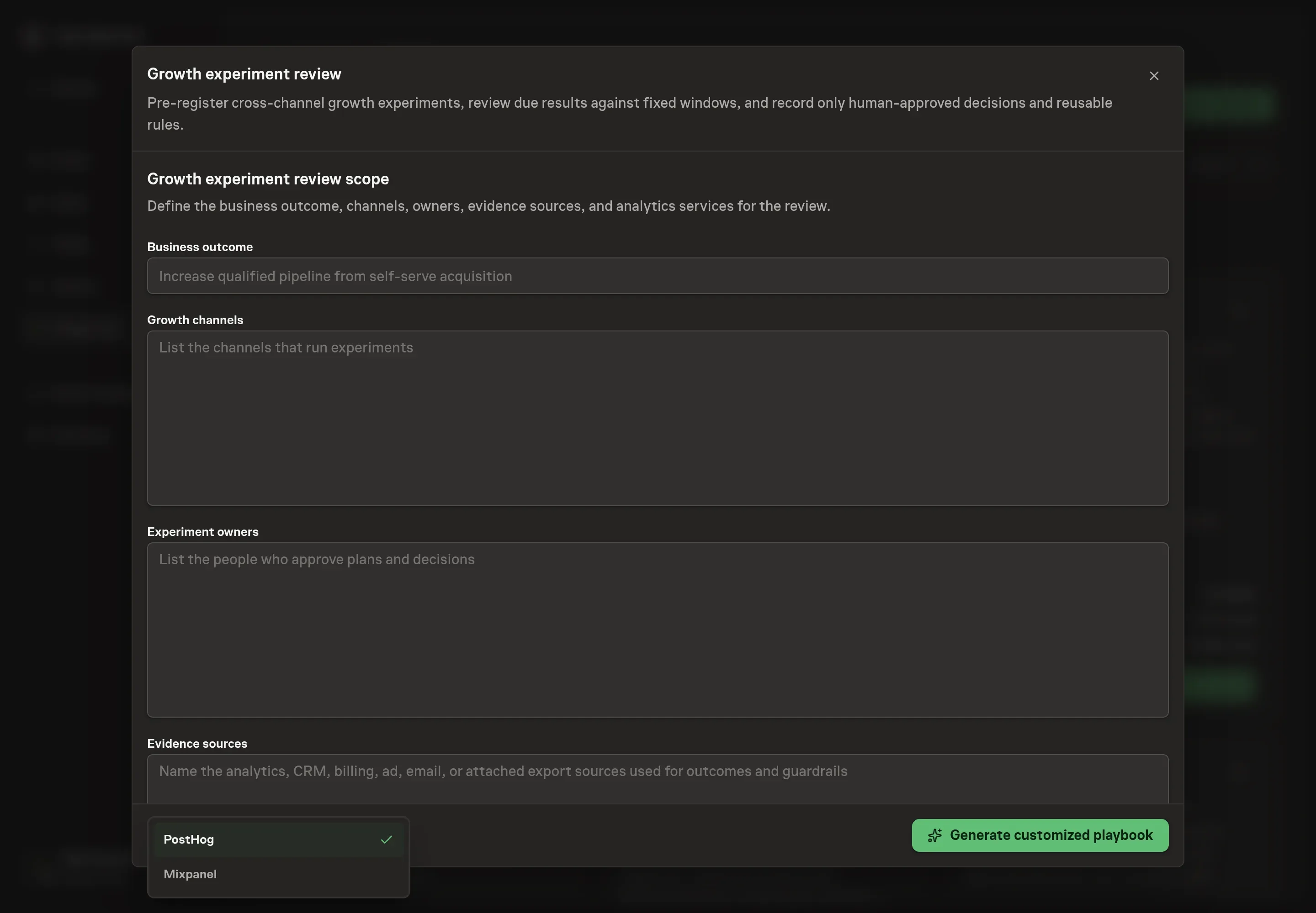 The analytics provider step for Growth experiment review with PostHog selected and Mixpanel available