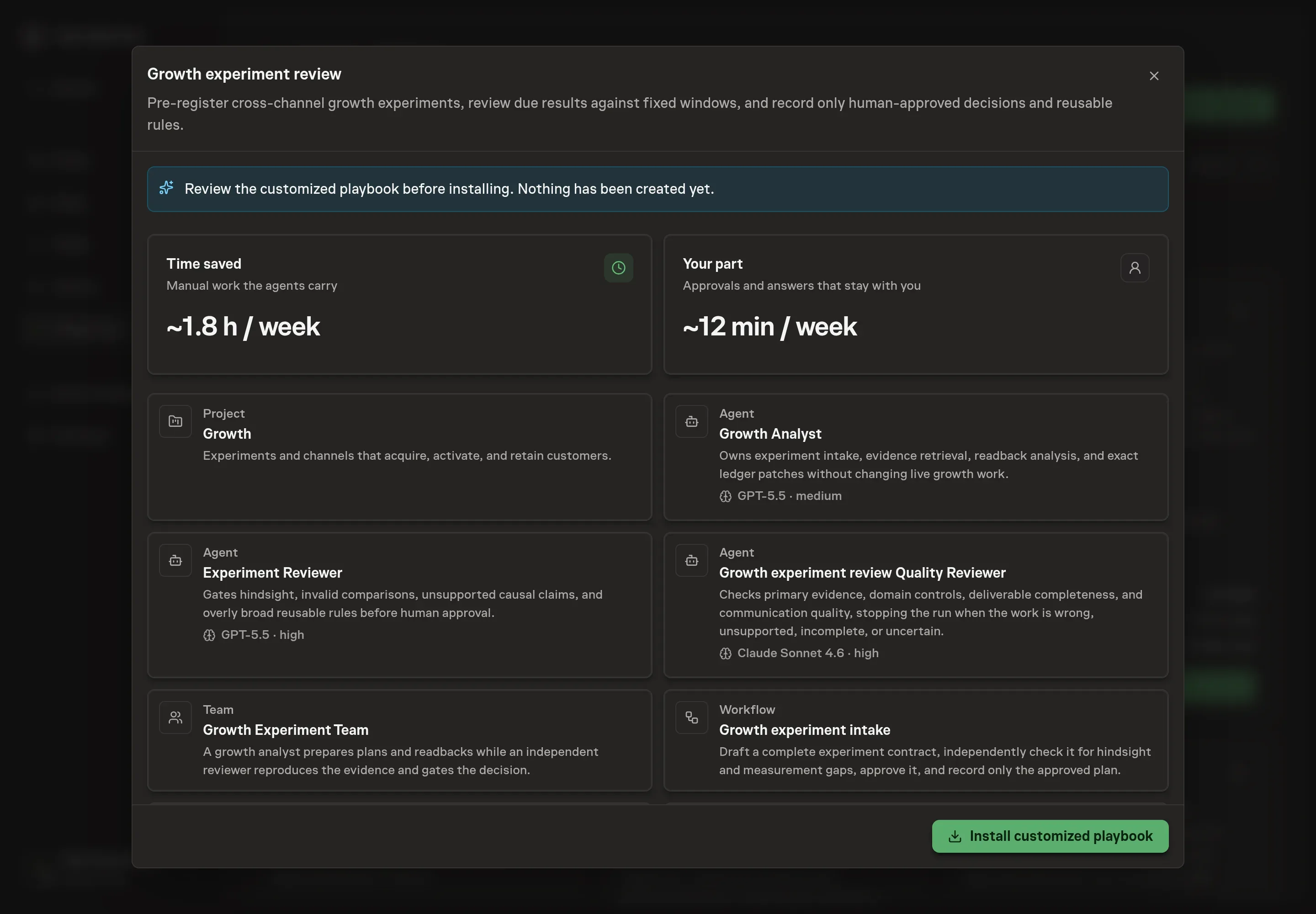 The review step showing the customized Growth Experiment Team, workflows, ledgers, selected analytics service, goal, and schedule