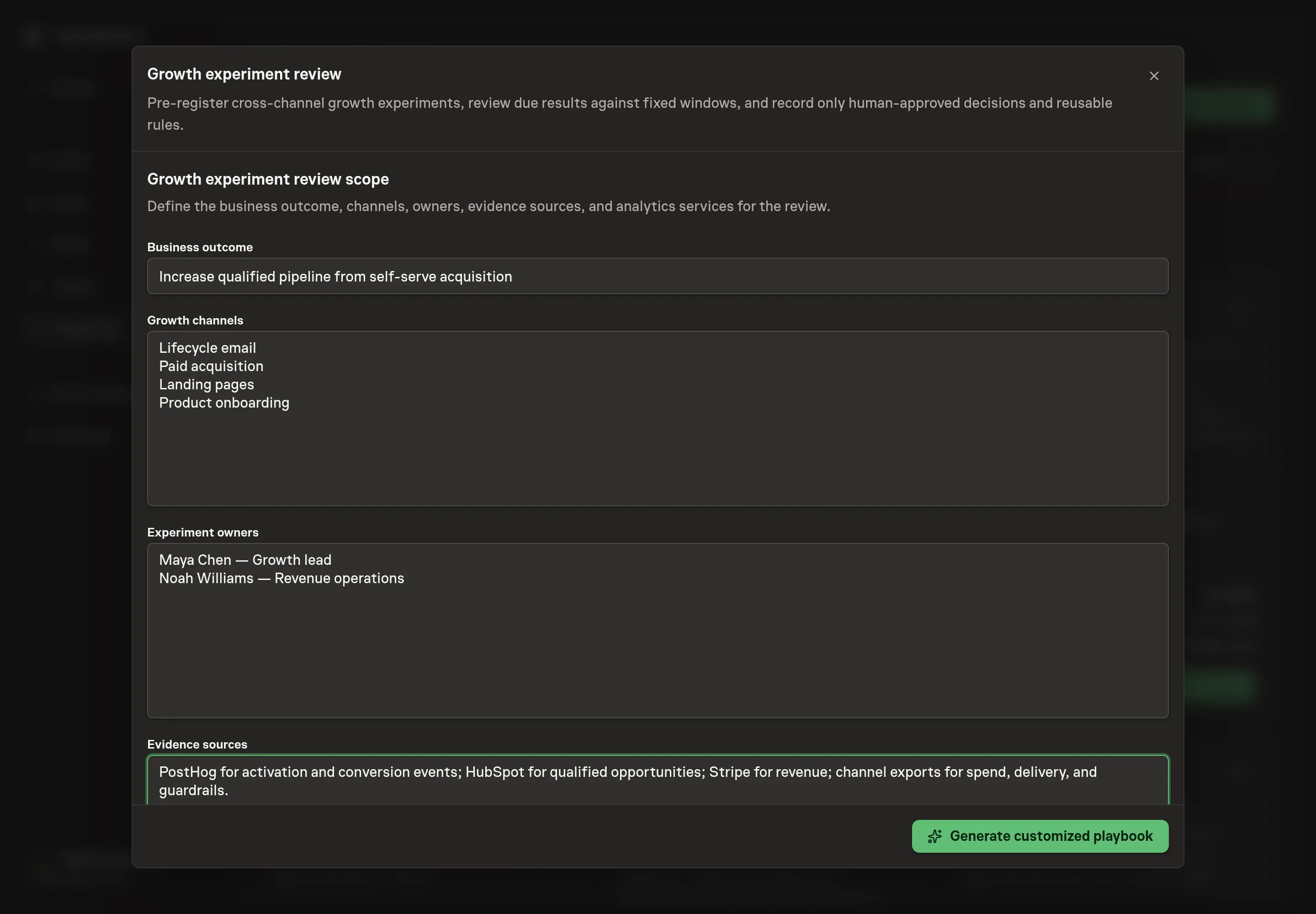 The Growth experiment review setup form filled with a business outcome, channels, owners, and evidence sources