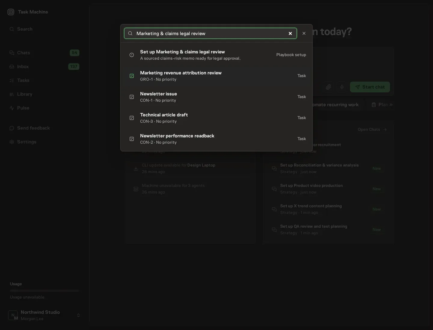 The command center offering Set up Marketing & claims legal review