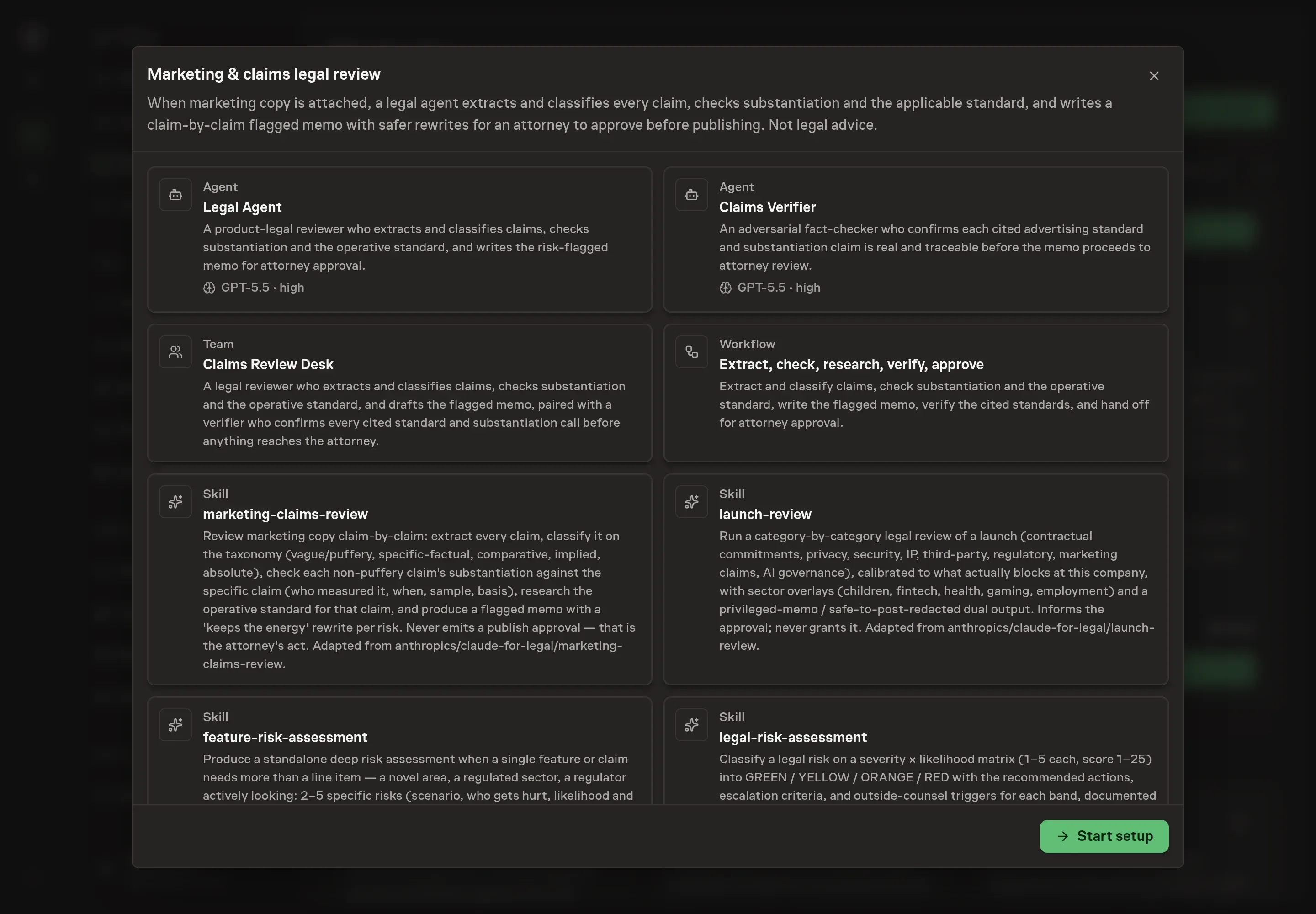 The Marketing and claims legal review preview showing the Legal Agent, Claims Verifier, Claims Review Desk, workflow, and review skills, with a Start setup button