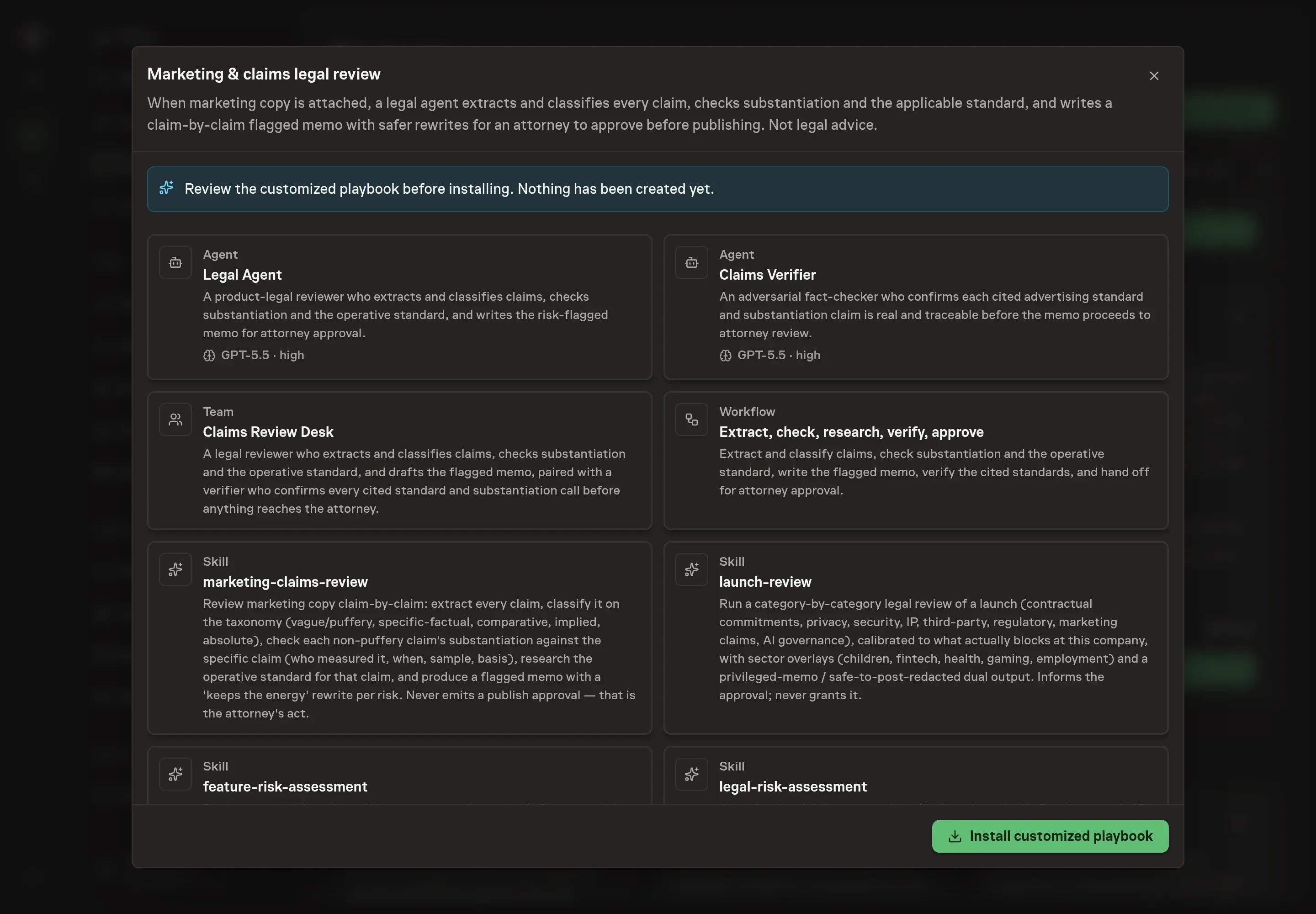 The review step showing the customized legal review agents, claims workflow, team, and skills before anything is created