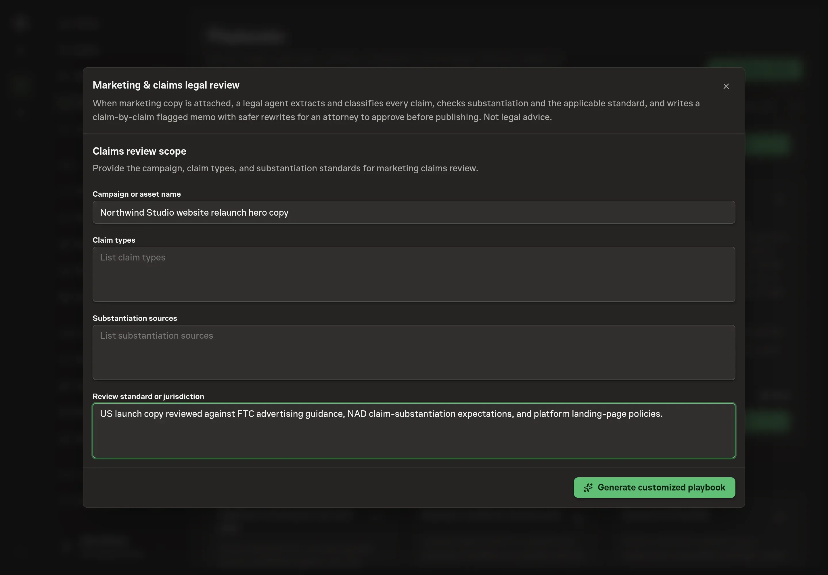 The setup form filled with Northwind Studio's website relaunch hero copy, comparative and security claim types, product analytics and SOC 2 evidence sources, and a US FTC and NAD review standard