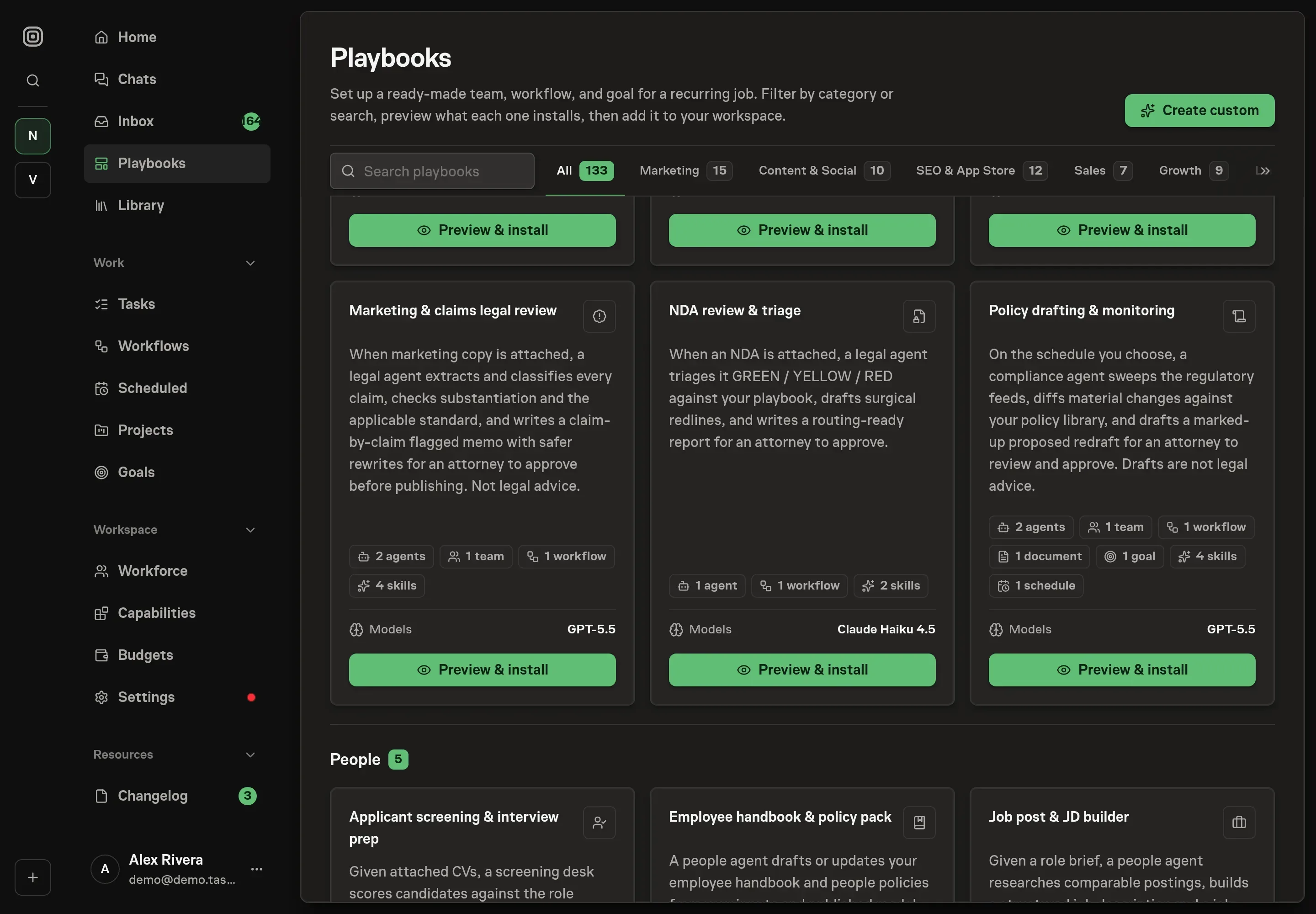 The playbook gallery with the NDA review & triage card in the Legal category
