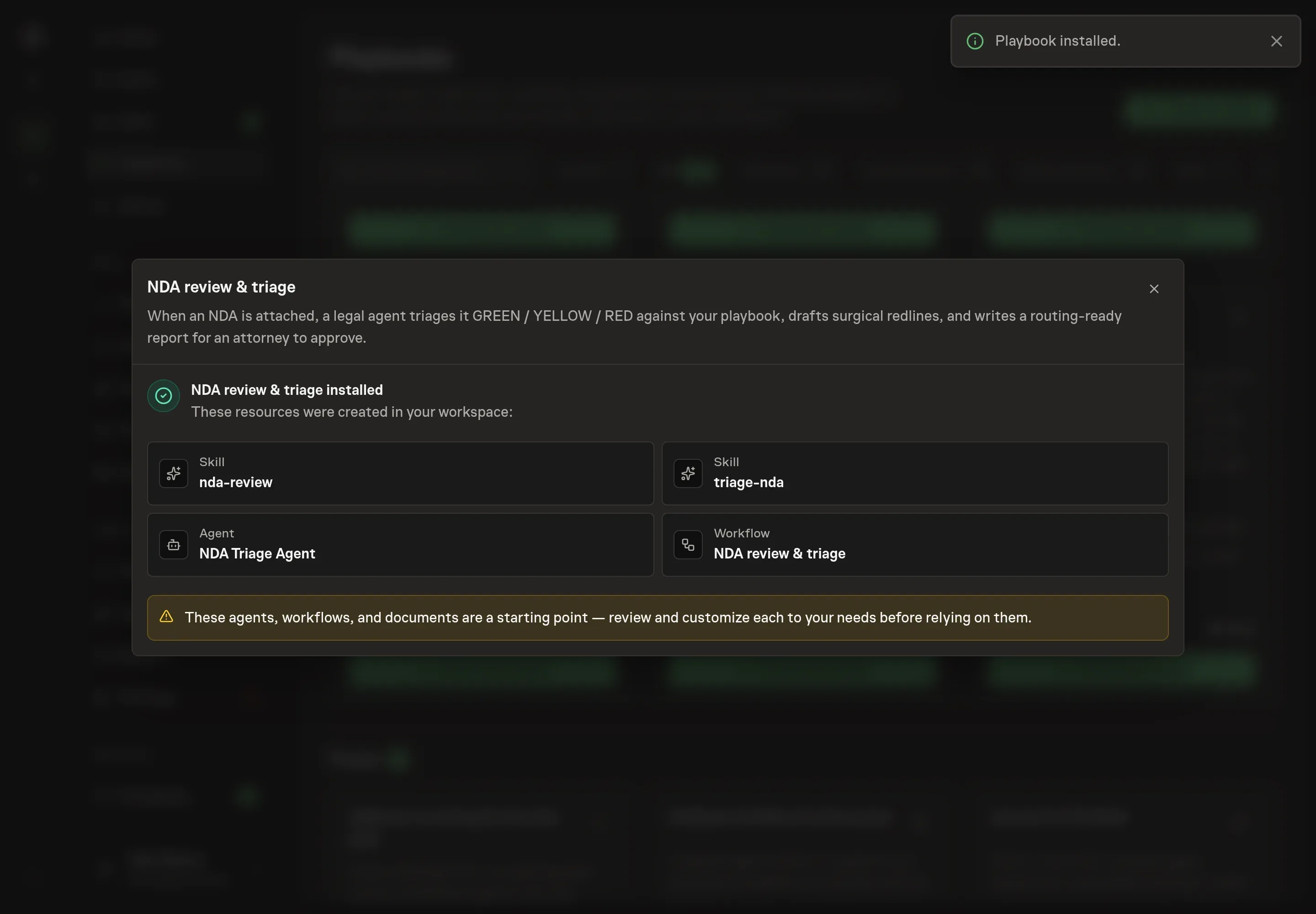 The install confirmation listing the NDA review & triage records and workflow start follow-up