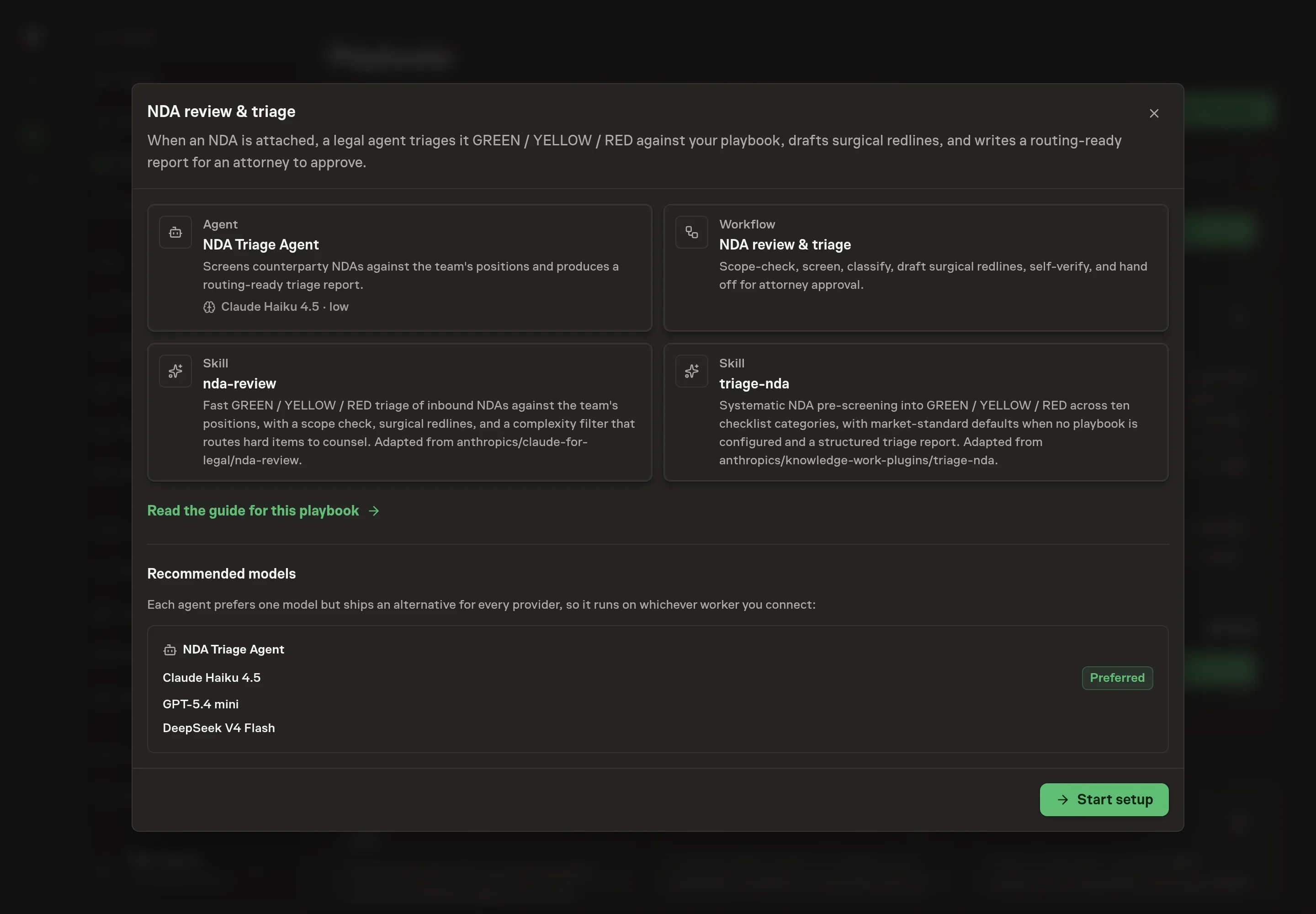 The NDA review & triage preview listing the agent, skills, workflow, and attorney approval step, with a Start setup button