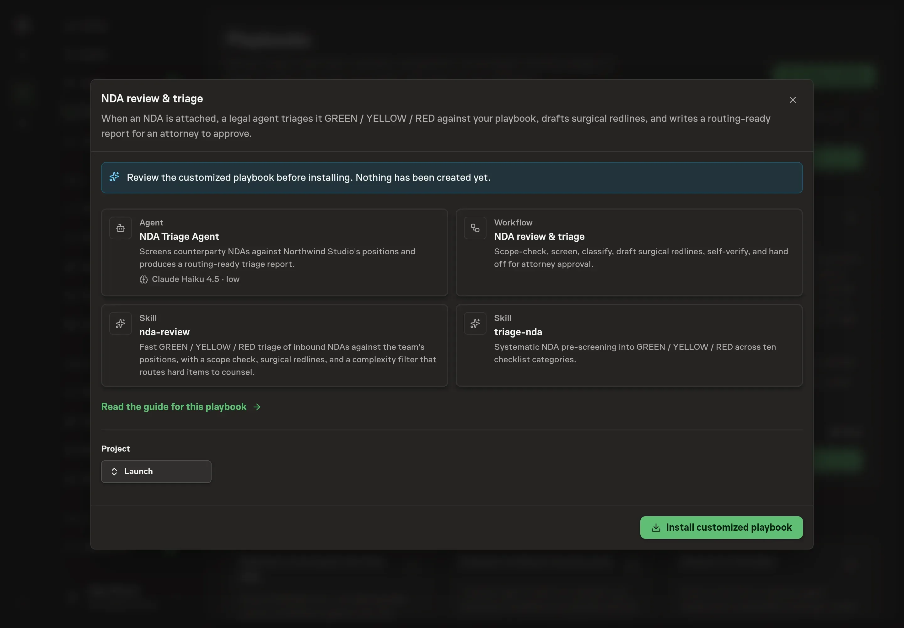 The review step showing the customized NDA Triage Agent and workflow before anything is created