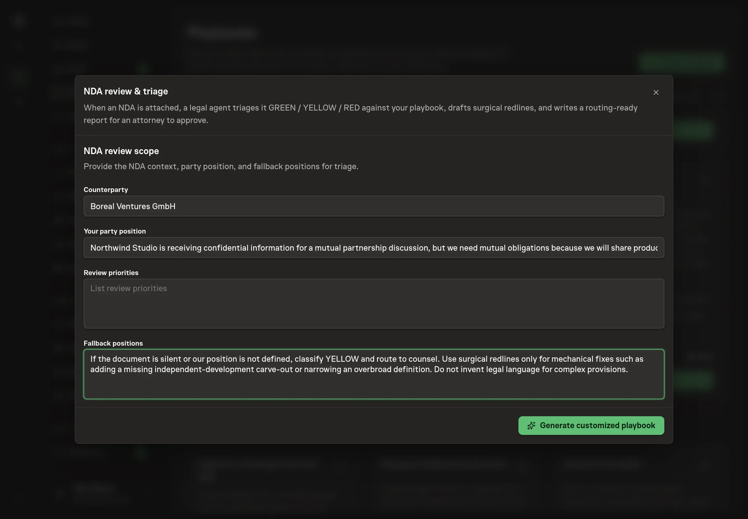 The setup form filled with a Northwind Studio counterparty, party position, review priorities, and fallback positions