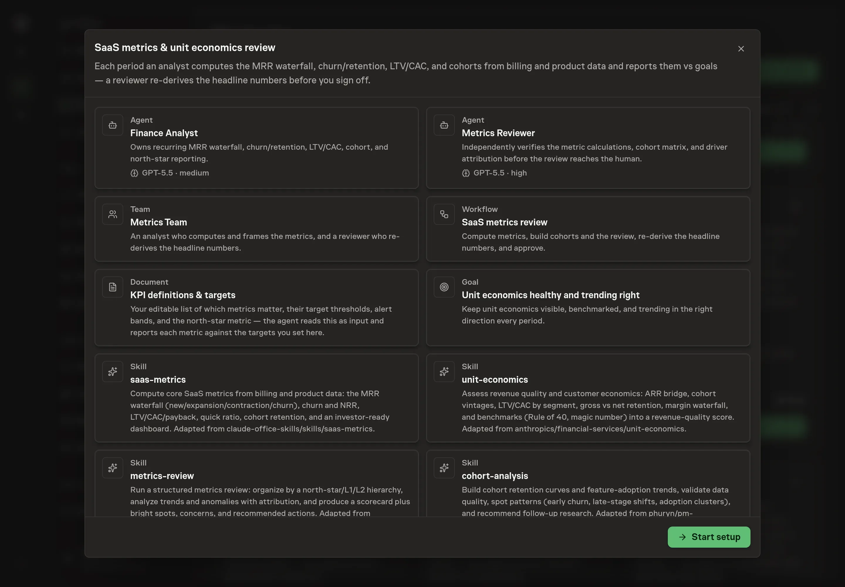 The SaaS metrics review preview showing the metrics team, workflow, KPI definitions document, goal, schedule, and available services, with a Start setup button