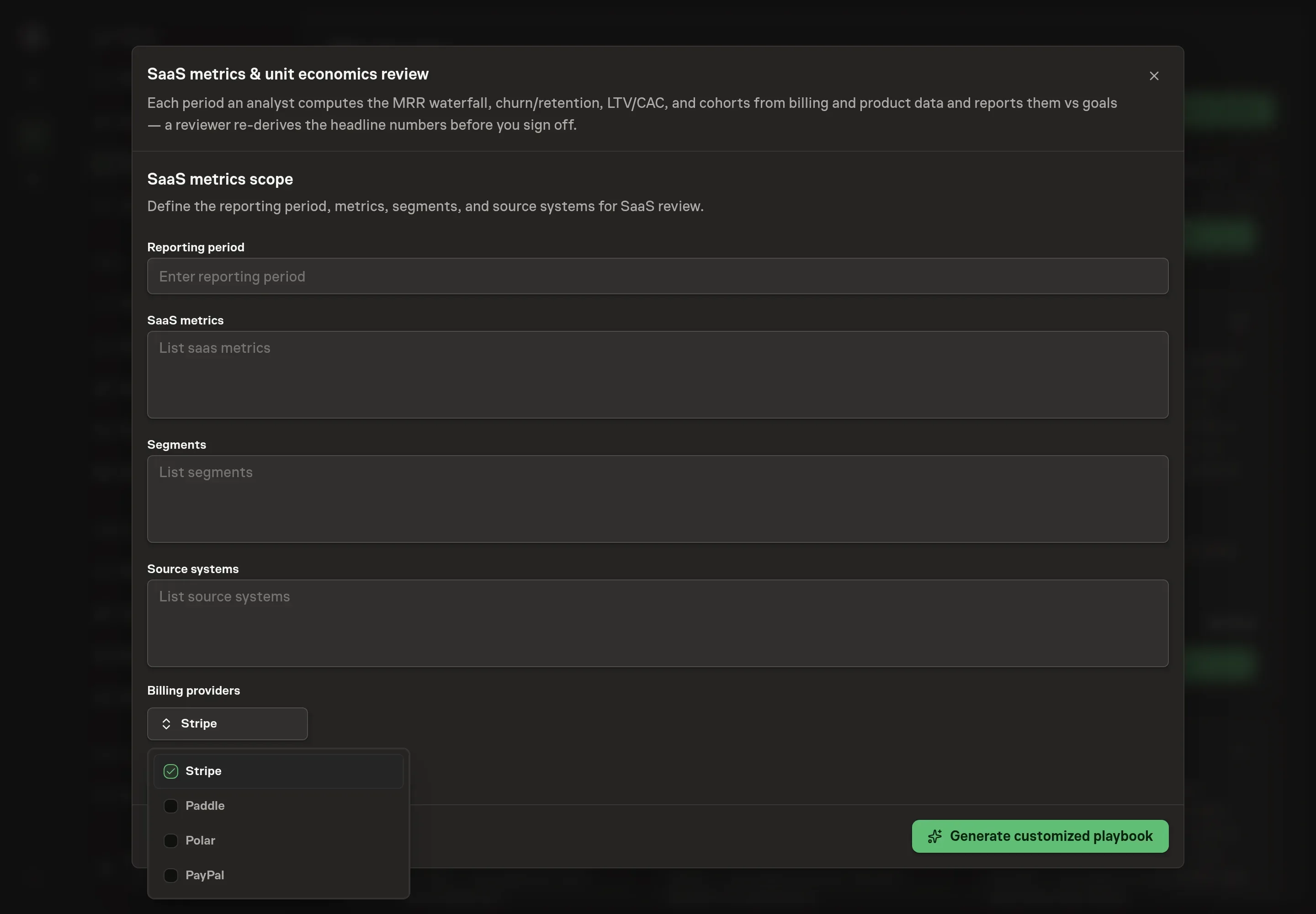 The billing providers picker open on the SaaS metrics setup step, with Stripe selected and Paddle, Polar, and PayPal available