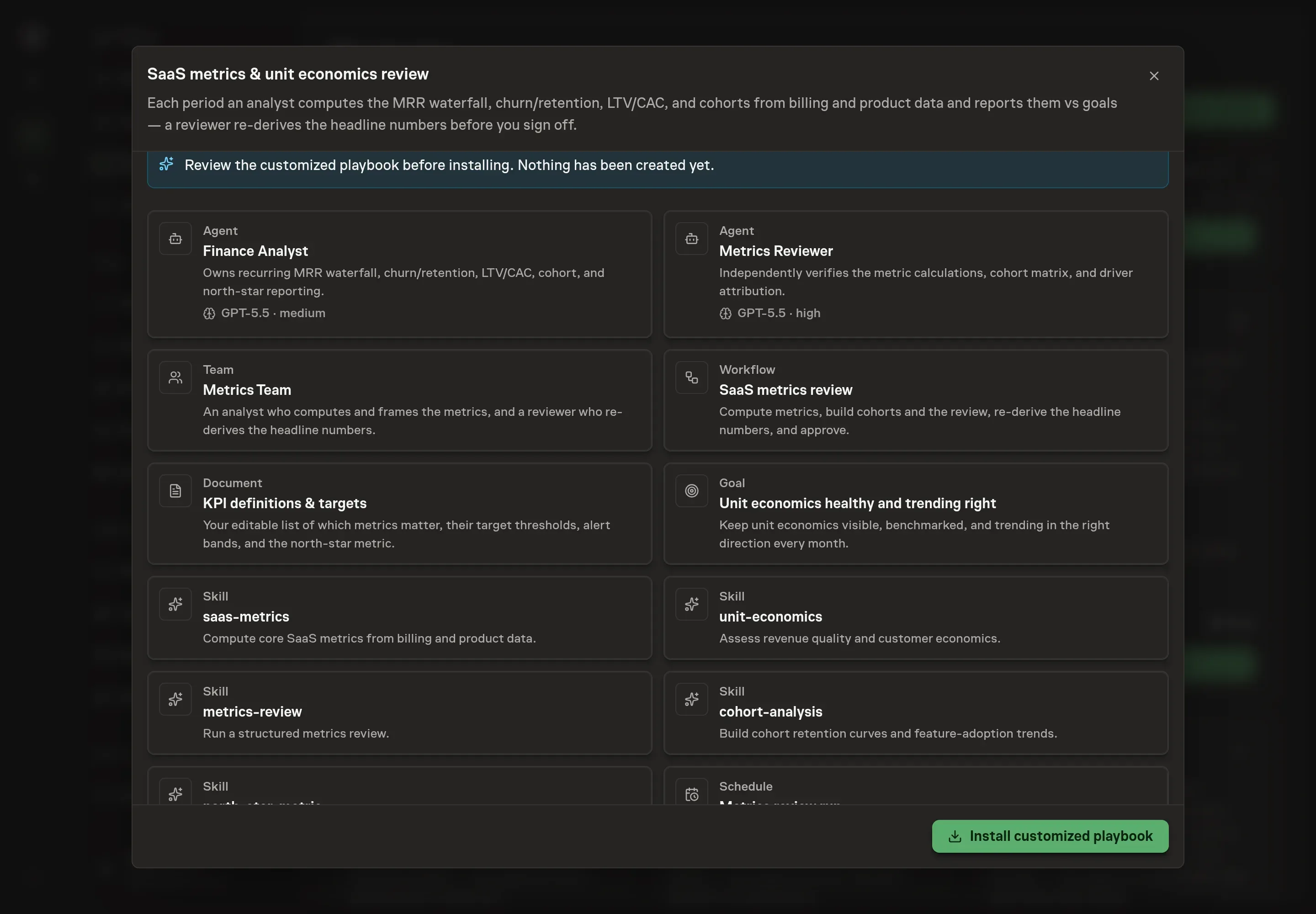 The review step showing the customized metrics team, workflow, KPI definitions document, selected Stripe and PostHog services, goal, and schedule