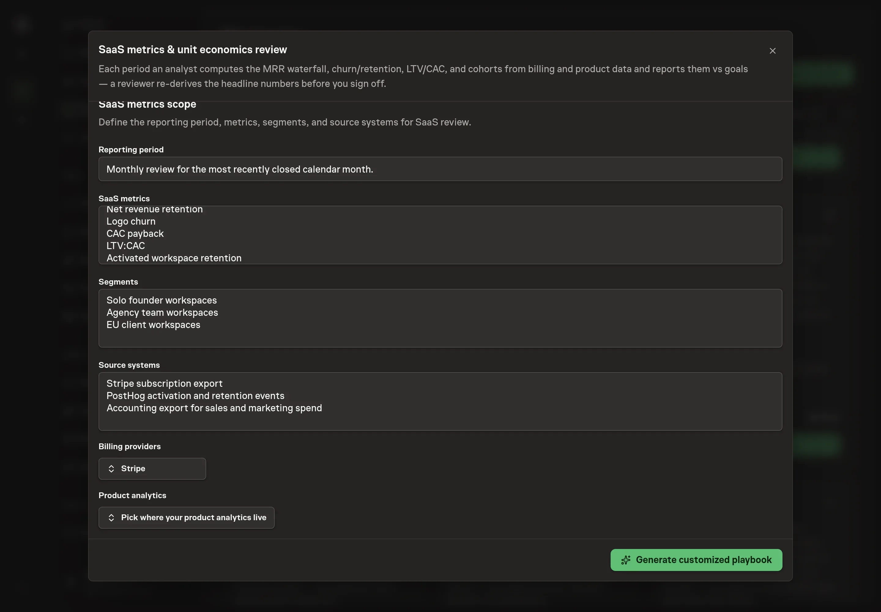 The setup form filled with reporting period, SaaS metrics, segments, source systems, Stripe billing, and PostHog product analytics