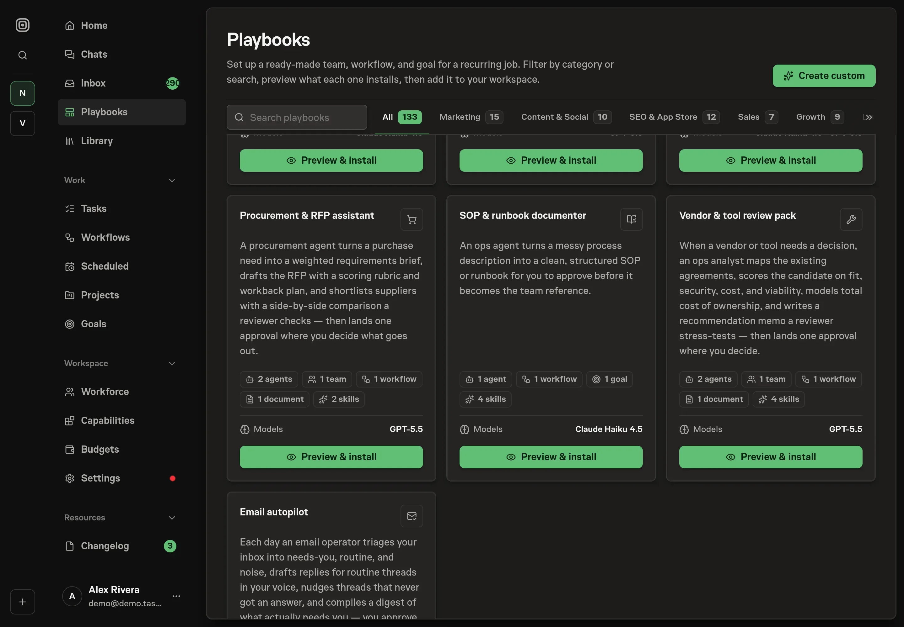 The playbook gallery with the Vendor & tool review pack card in the Operations category, listing the agents, team, workflow, scorecard document, skills, and follow-ups