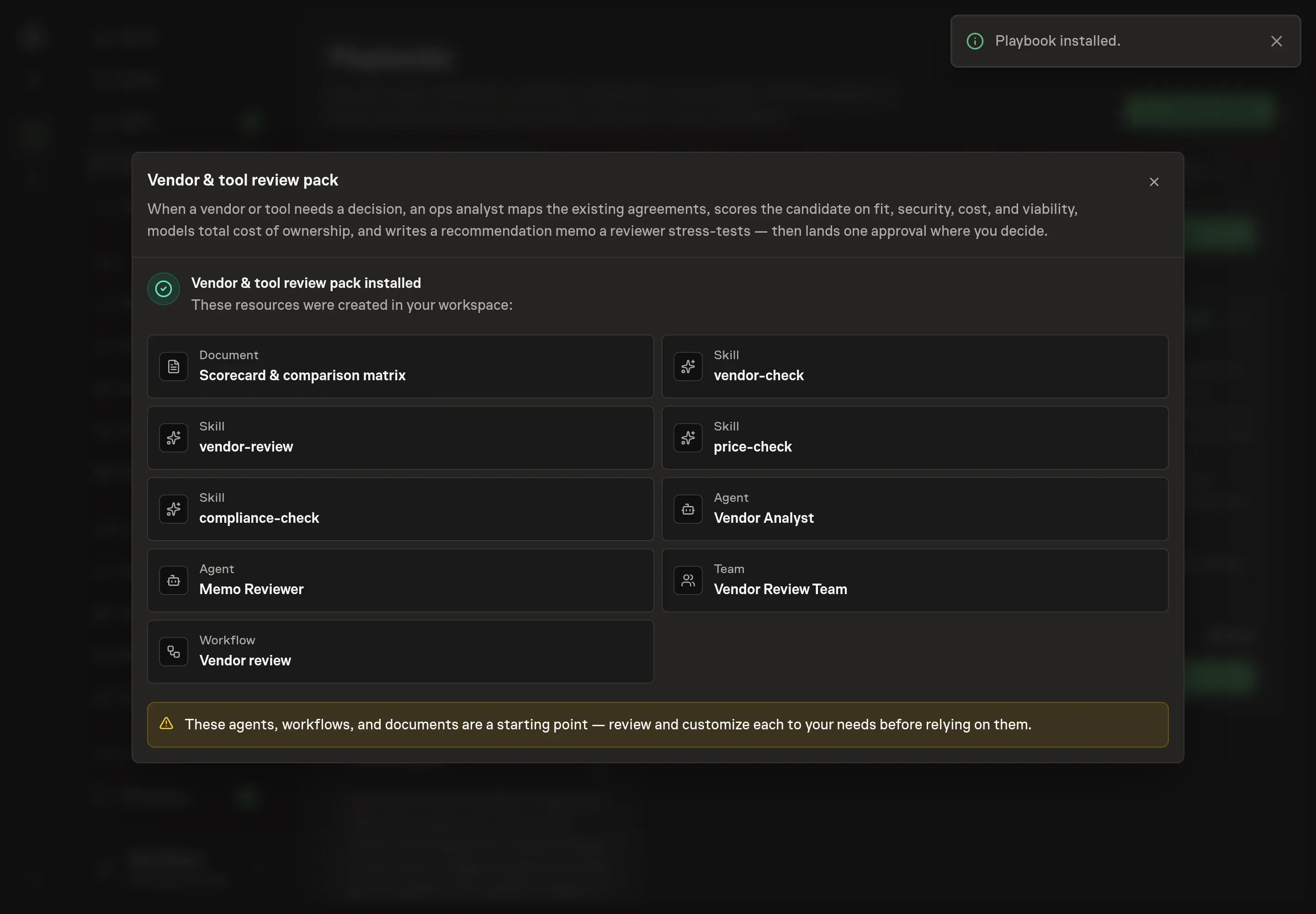 The install confirmation listing the created Vendor review records and follow-up tasks
