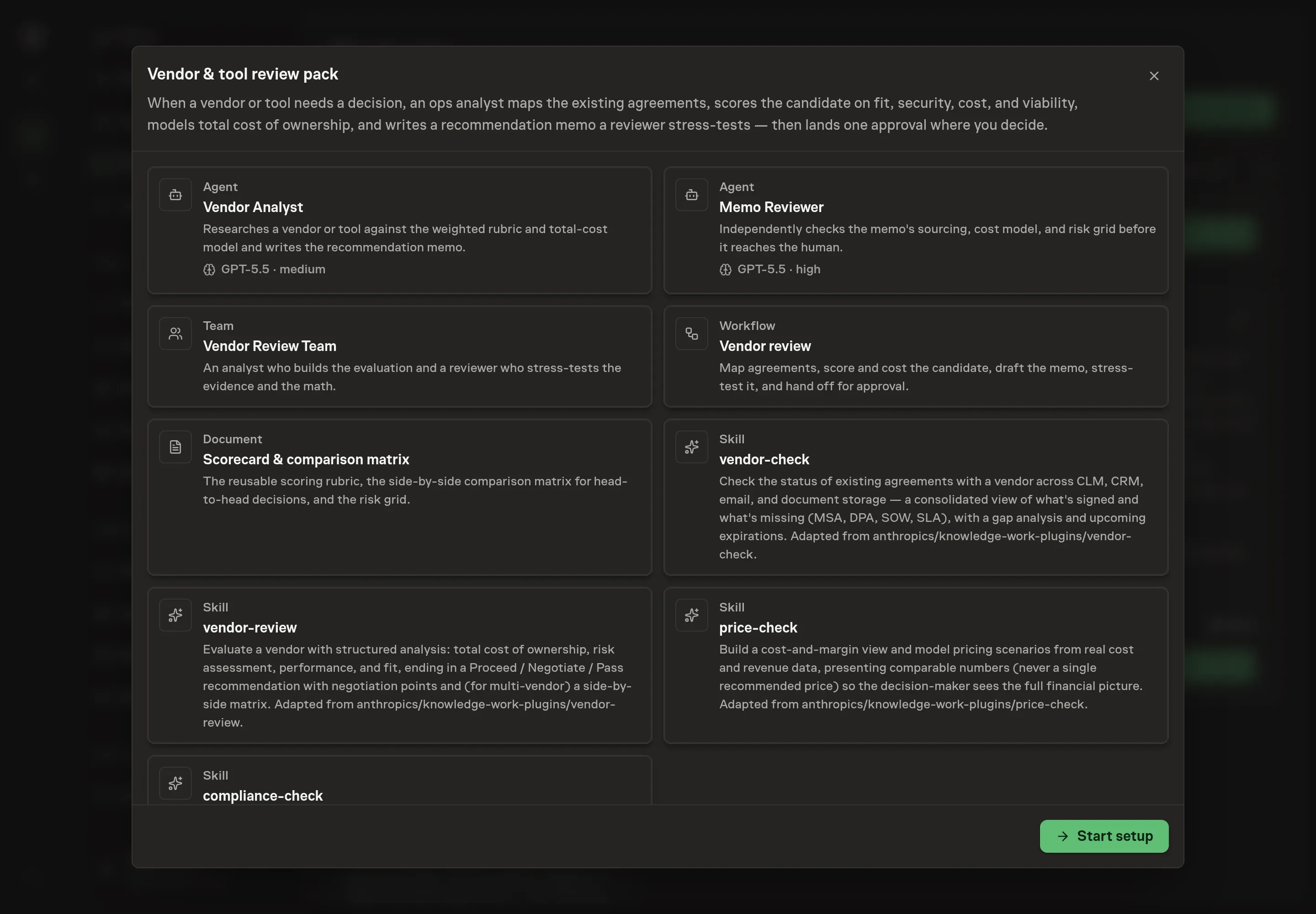 The Vendor & tool review pack preview listing the analyst, reviewer, team, workflow, scorecard document, skills, and Start setup button
