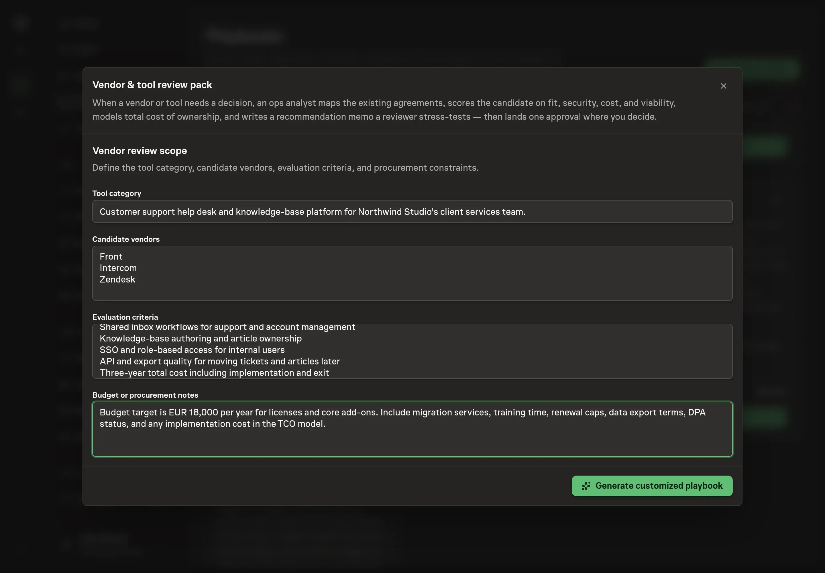 The setup form filled with the Northwind Studio tool category, candidate vendors, evaluation criteria, and procurement notes