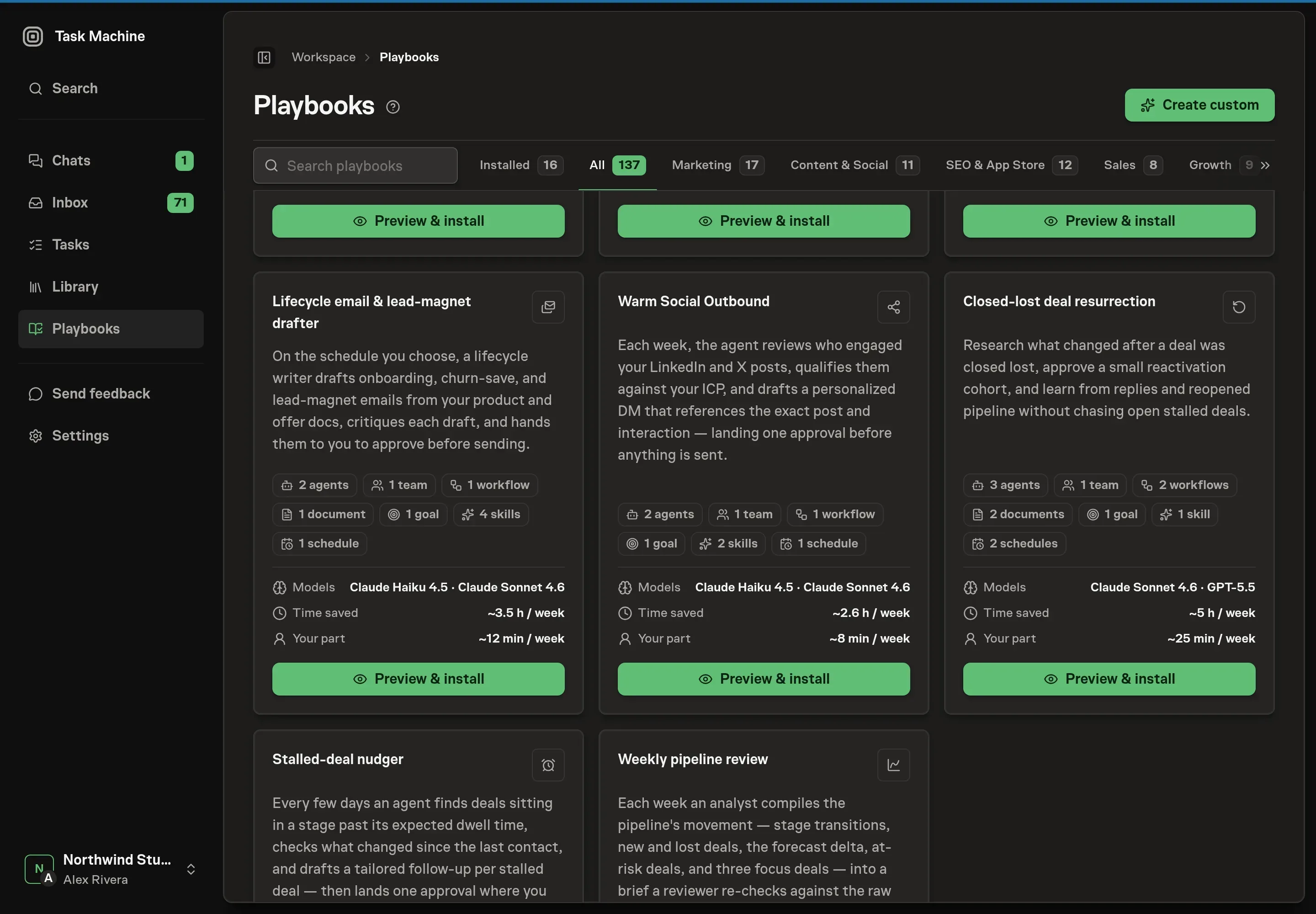 The playbook gallery with the Closed-lost deal resurrection card showing its agents, team, workflows, documents, skill, goal, CRM services, and schedules