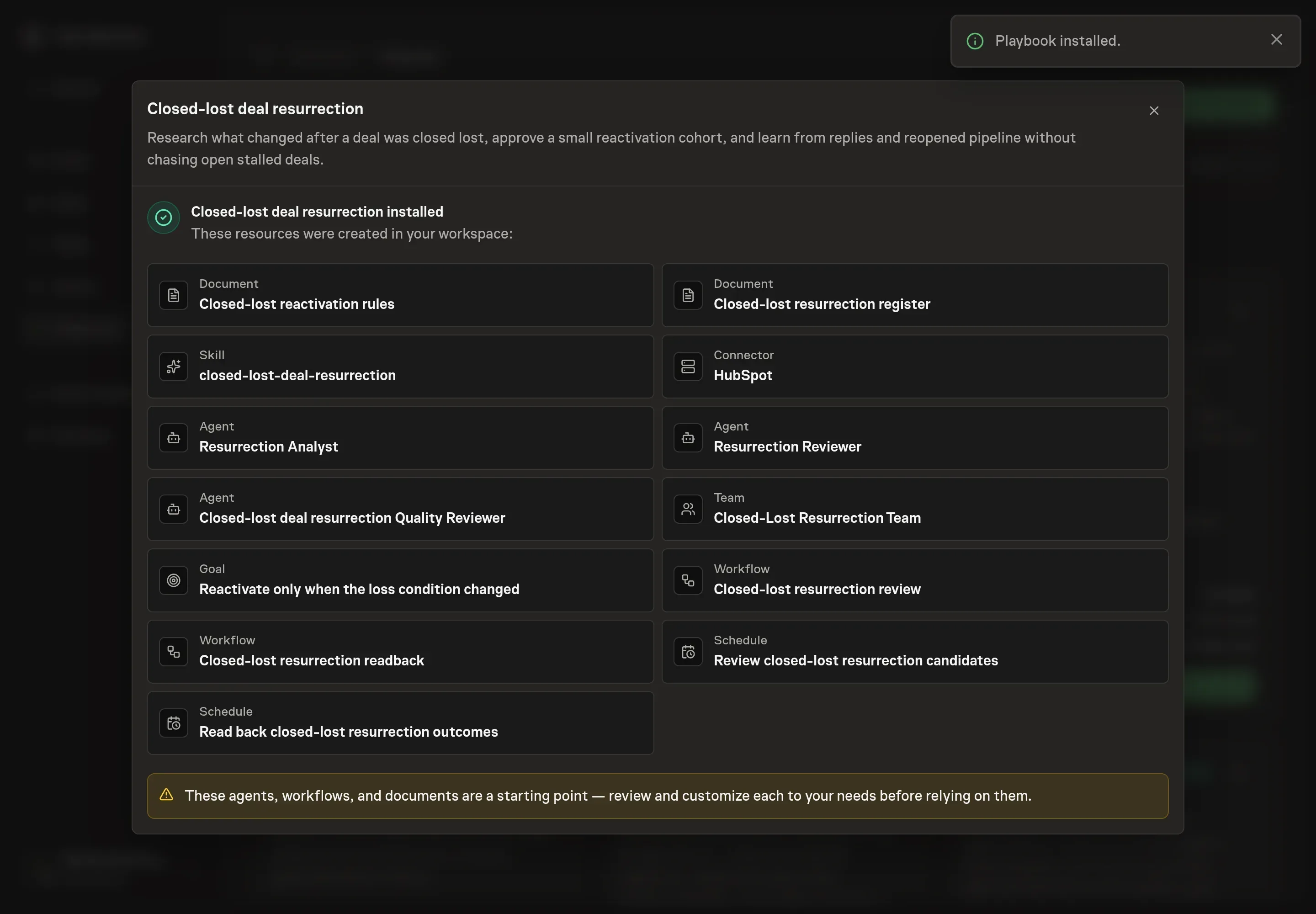 The install confirmation listing the resurrection rules, register, agents, team, workflows, selected CRM service, skill, goal, and schedules