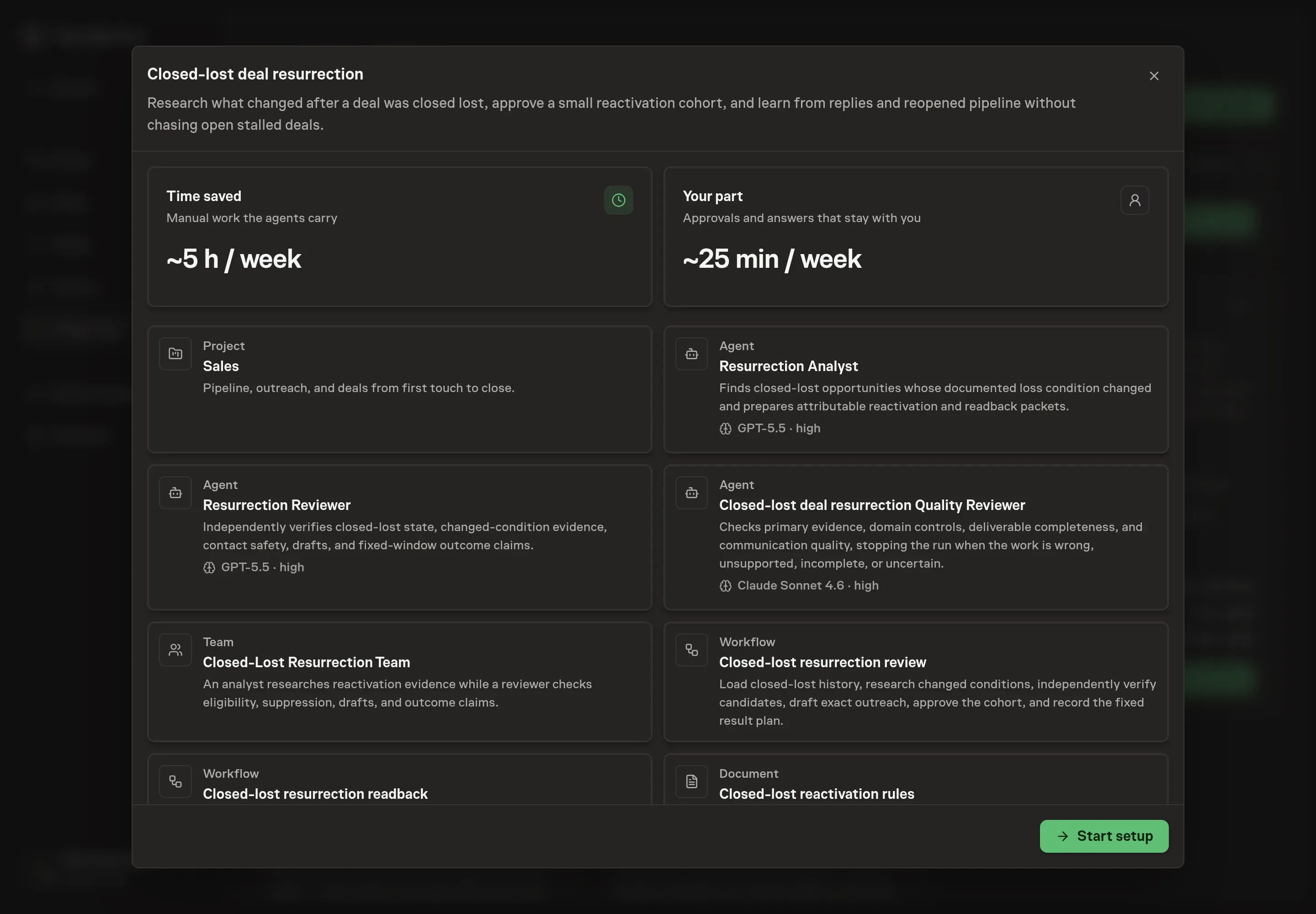 The Closed-lost deal resurrection preview showing the analyst, reviewer, quality reviewer, team, two workflows, and reactivation rules before setup