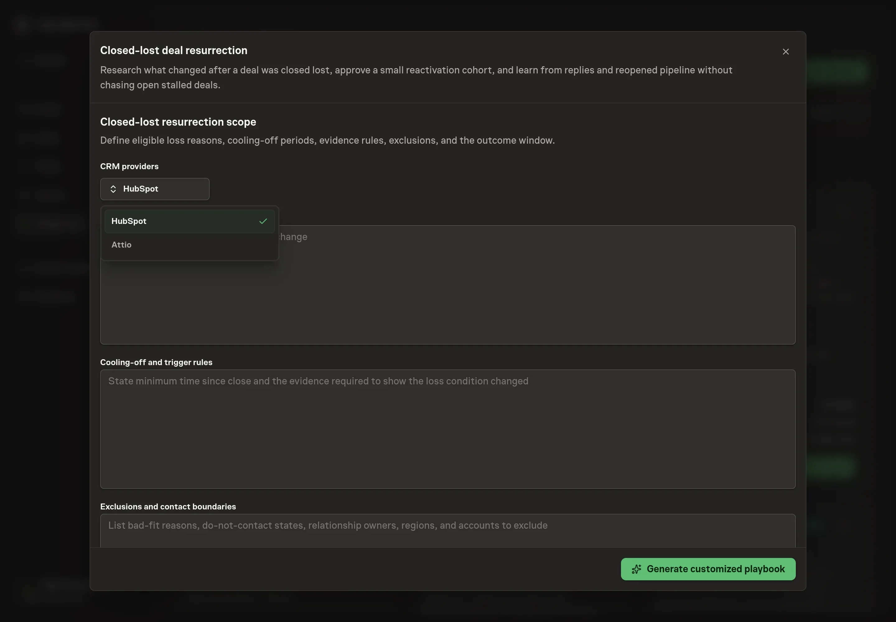 The CRM provider selector for Closed-lost deal resurrection with HubSpot selected and Attio available