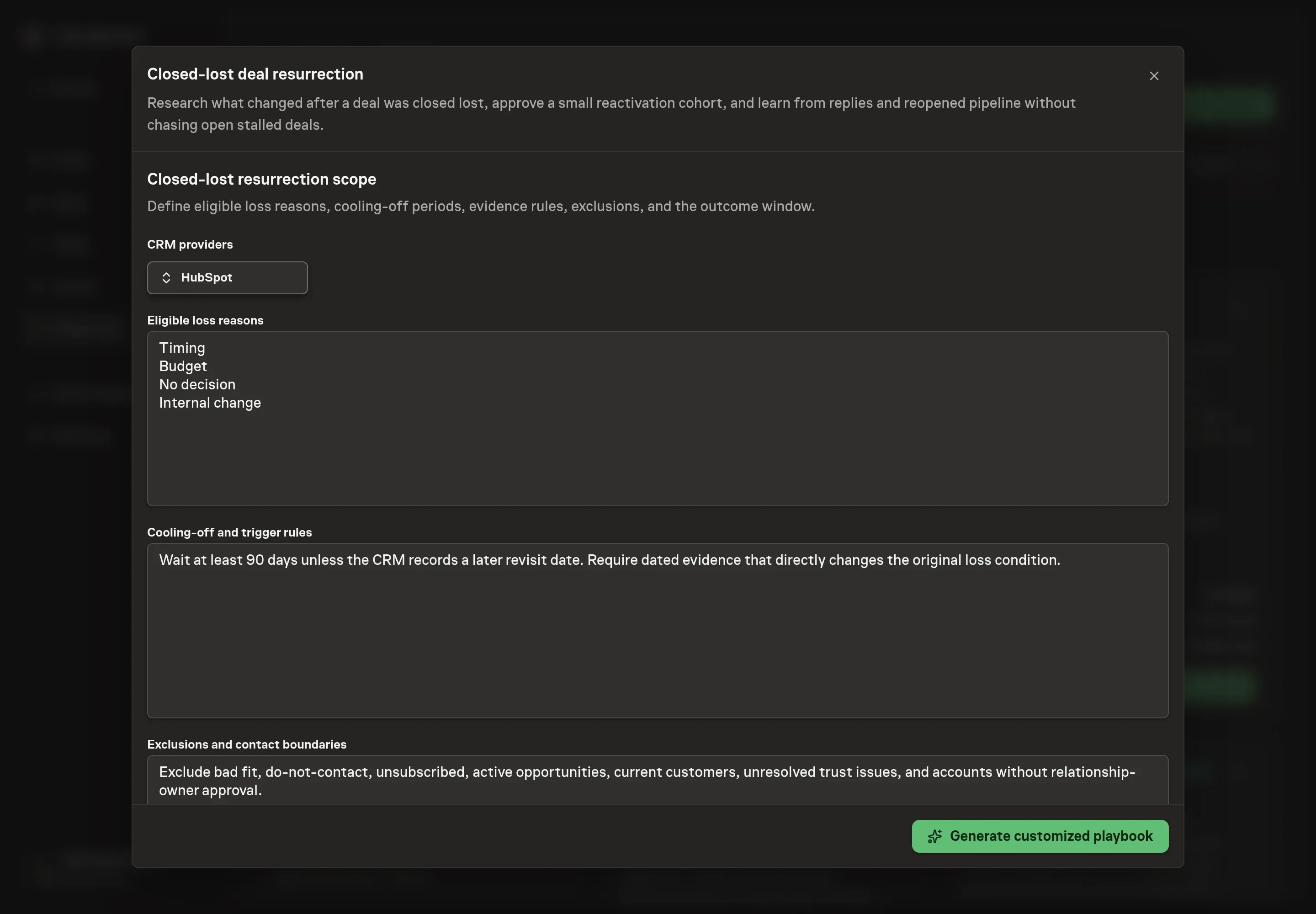 The resurrection setup form showing eligible loss reasons, cooling-off and trigger rules, and exclusions filled in