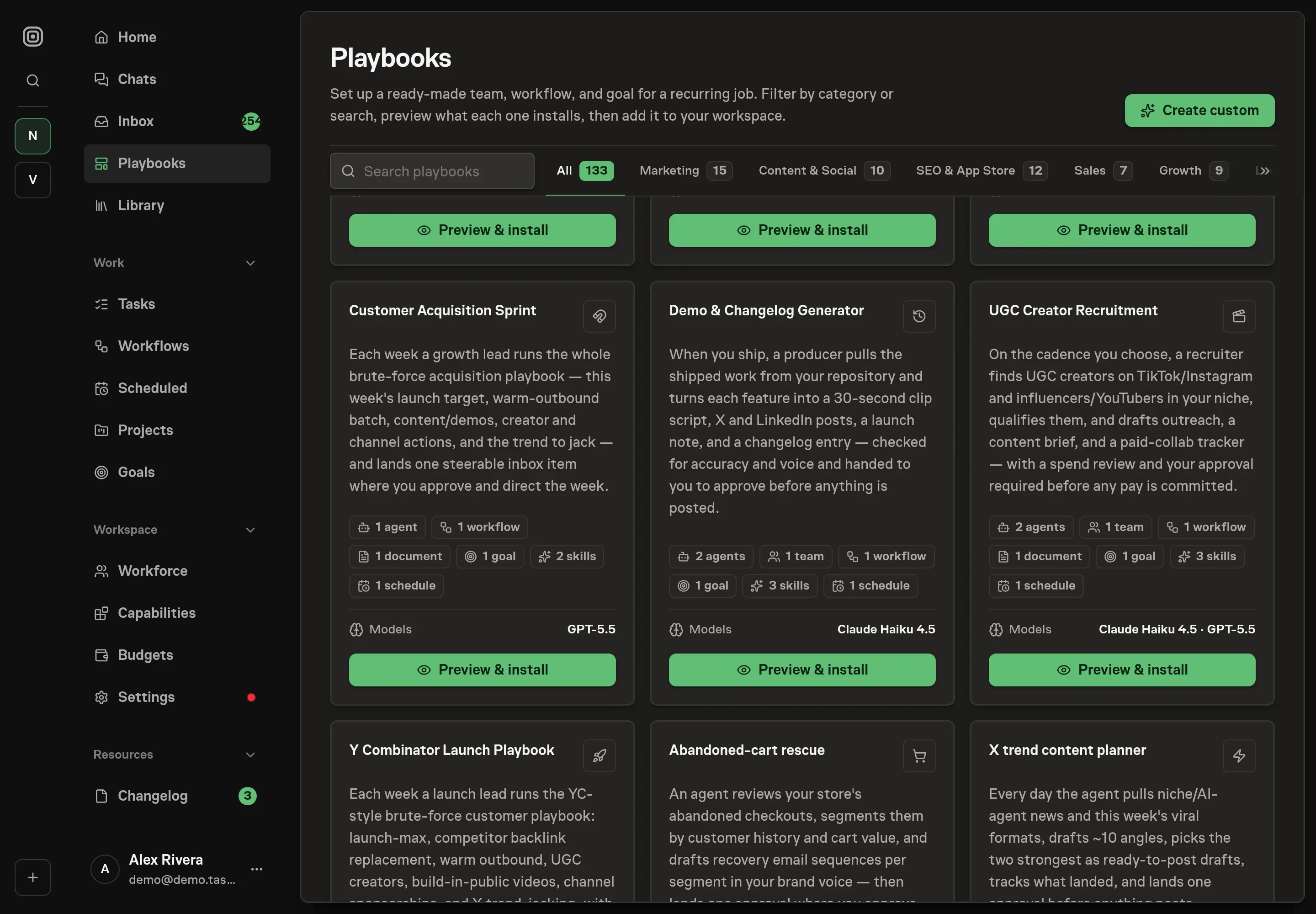 The playbook gallery with the Customer Acquisition Sprint card in the Growth category, showing the growth lead, sprint workflow, results log, goal, skills, and schedule