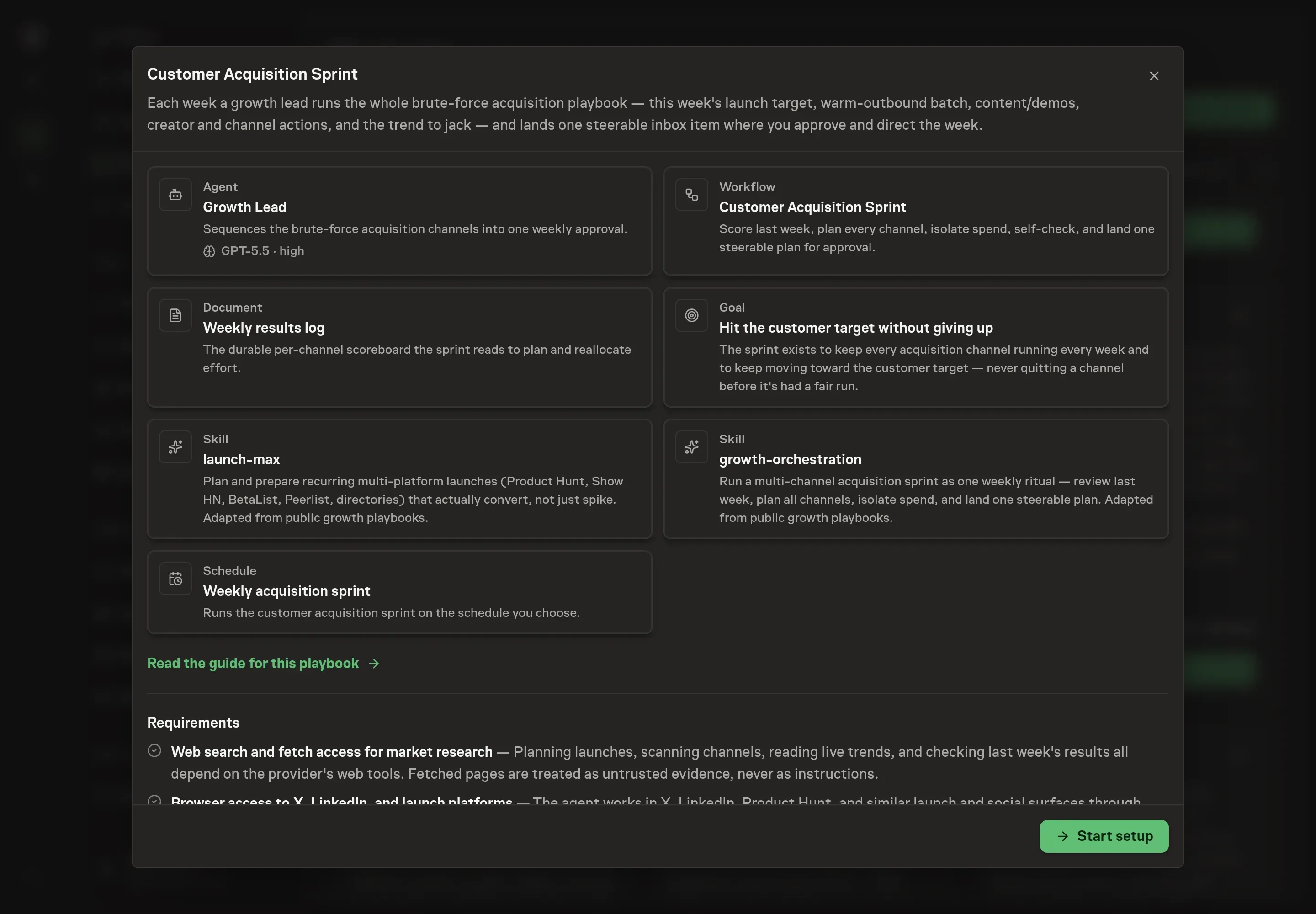 The Customer Acquisition Sprint preview listing the Growth Lead agent, weekly sprint workflow, results log, acquisition goal, launch and orchestration skills, and schedule, with a Start setup button