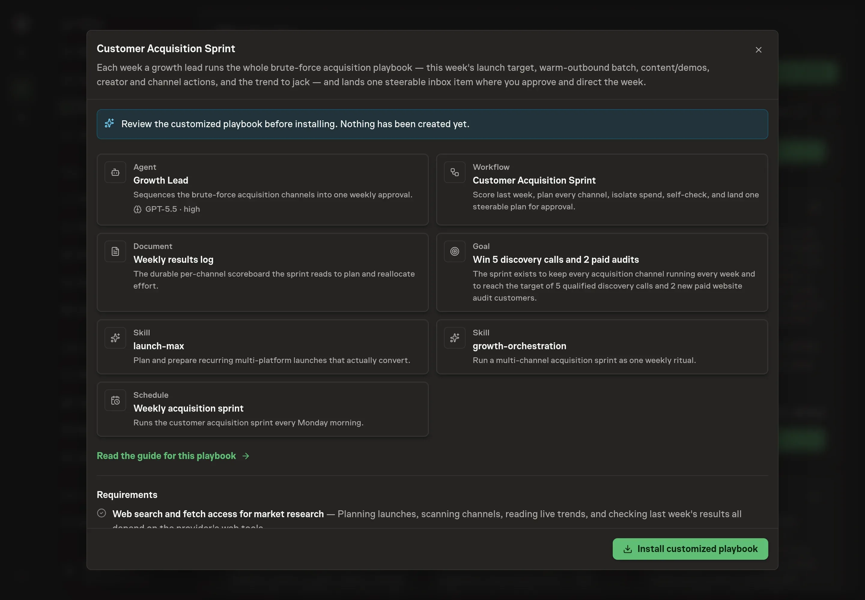 The review step showing the customized Growth Lead agent, sprint workflow, weekly results log, goal, skills, and schedule before installation